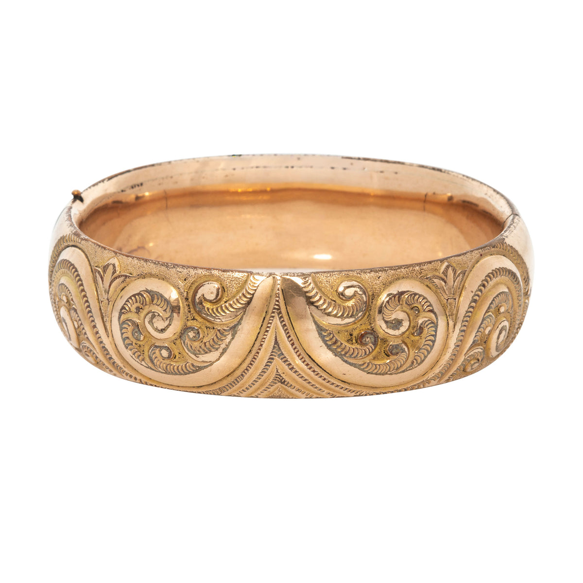 Vintage Engraved Scroll Pattern Wide Gold-Filled Bangle on a white background.