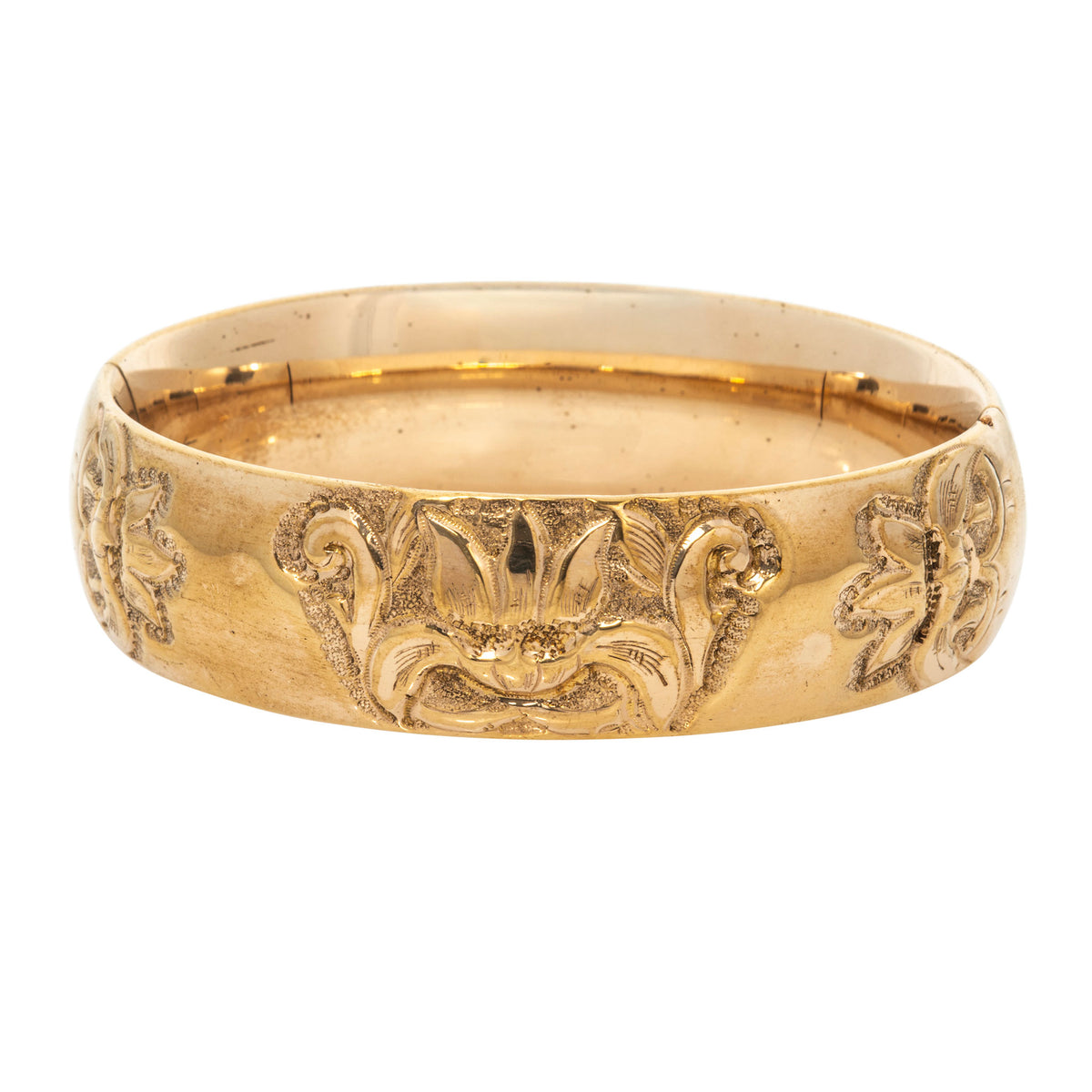 Vintage Engraved Floral Pattern Gold-Filled Bangle on a white background.
