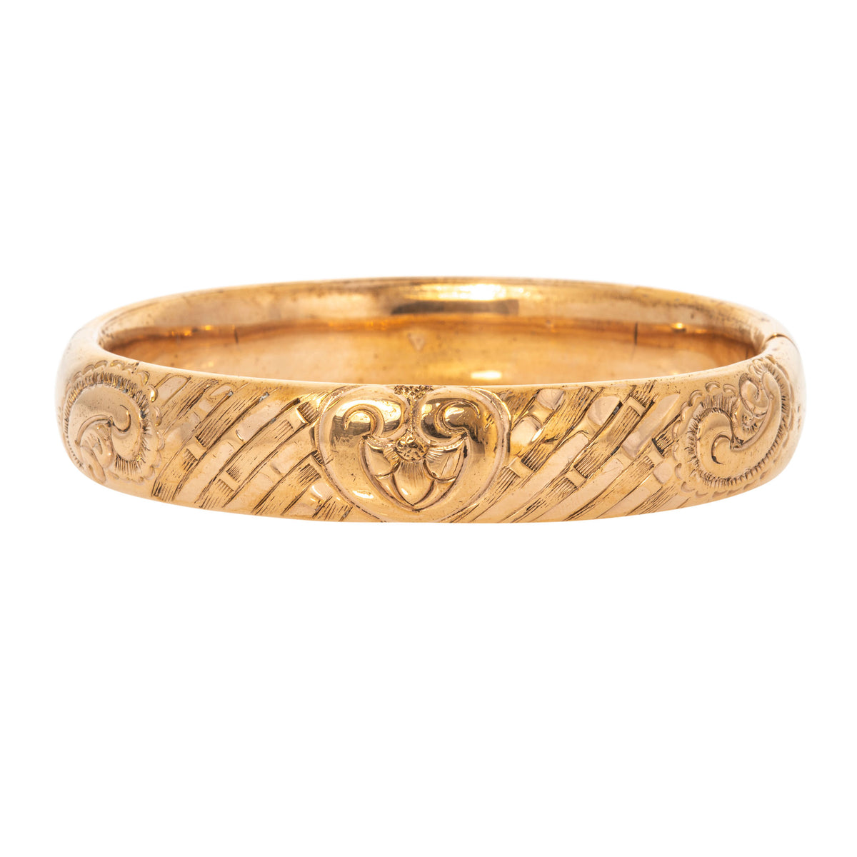 Vintage Engraved Floral Pattern Gold-Filled Bangle on a white background.