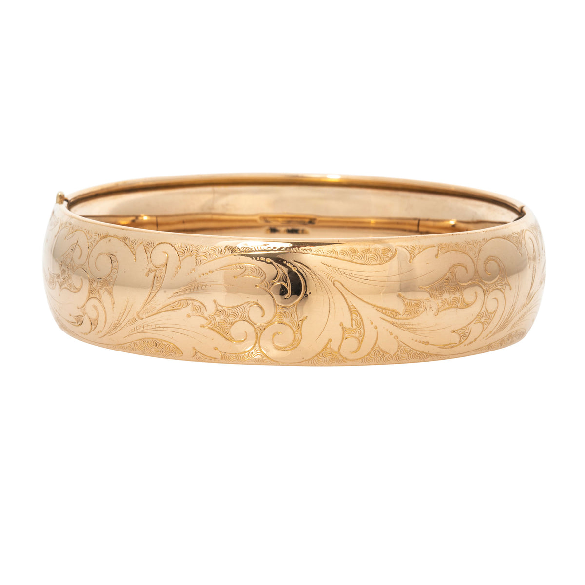 Vintage Engraved Scroll Pattern Gold-Filled Bangle on a white background.