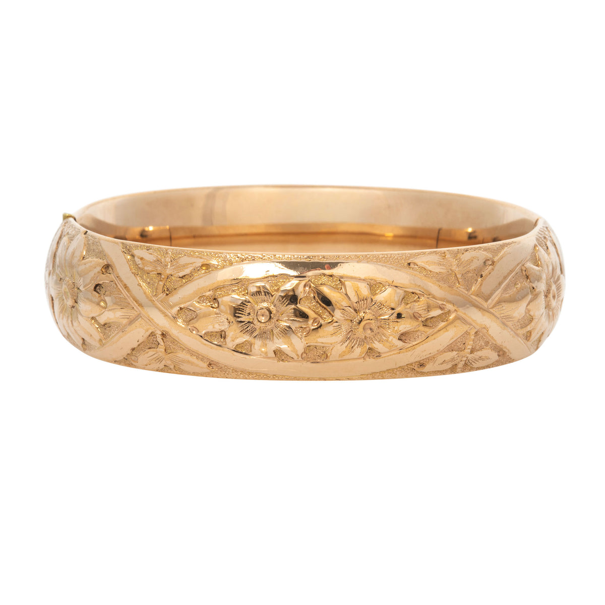 Vintage Engraved Floral Pattern Gold-Filled Bangle on a white background.