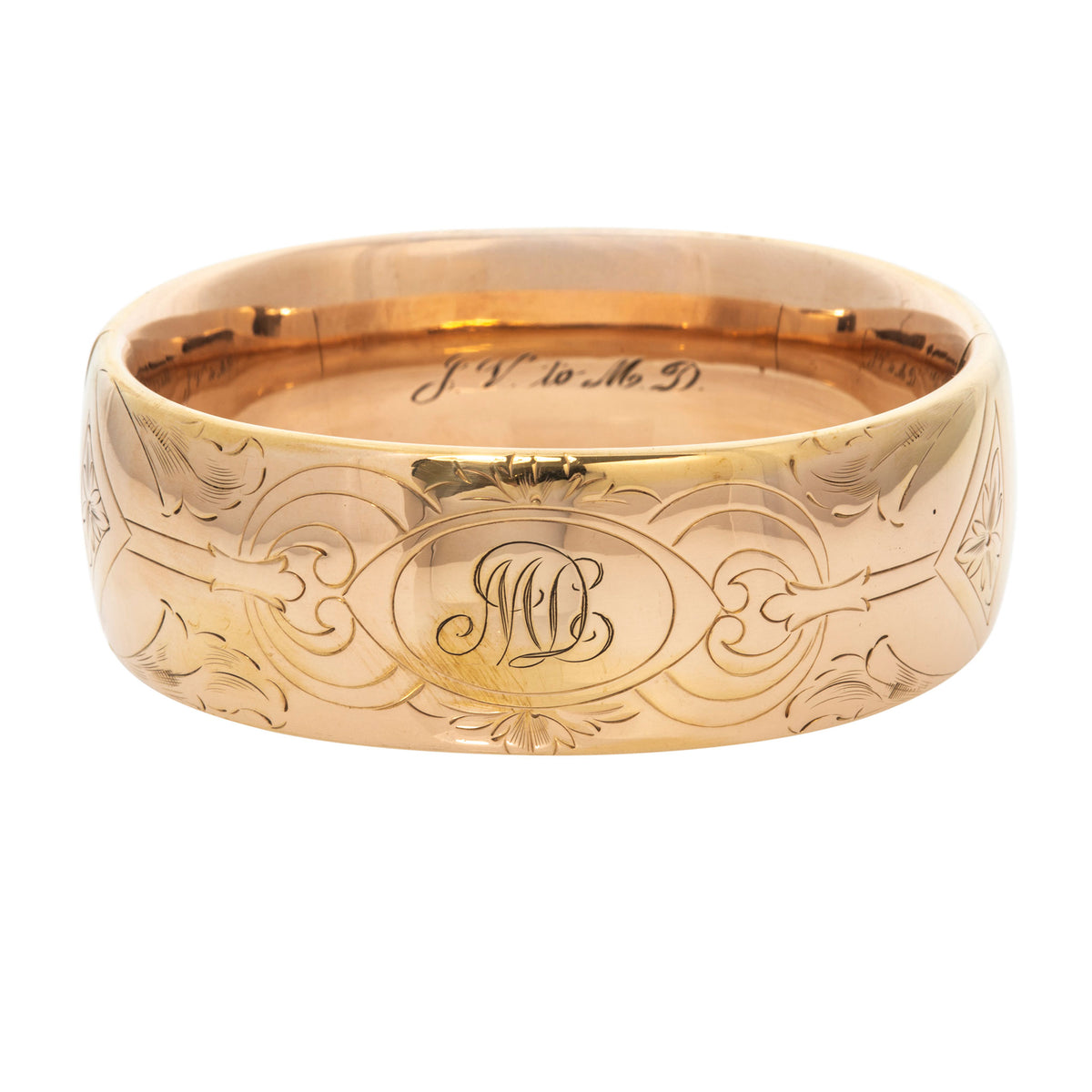 Vintage Engraved Pattern Wide Gold-Filled Bangle on a white background.