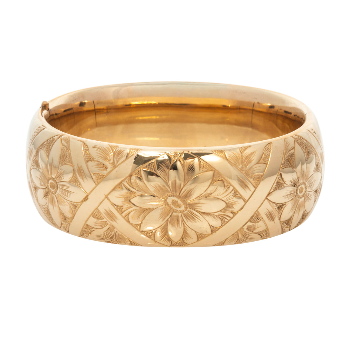 Vintage Engraved Floral Pattern Wide Gold-Filled Bangle on a white background.
