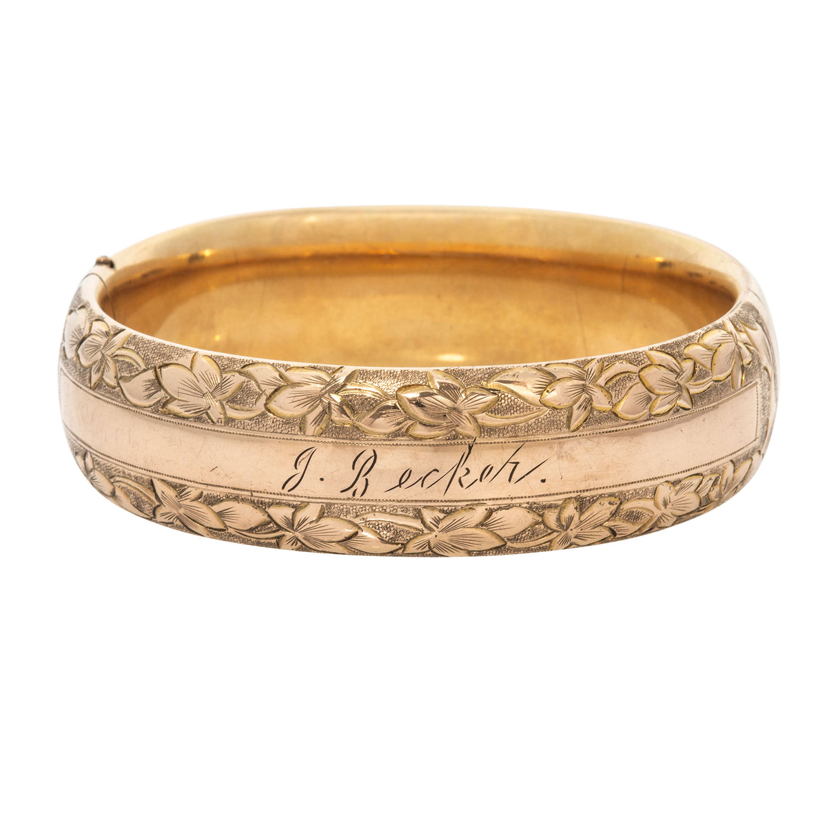 Vintage Engraved Floral Pattern Wide Gold-Filled Bangle on a white background.