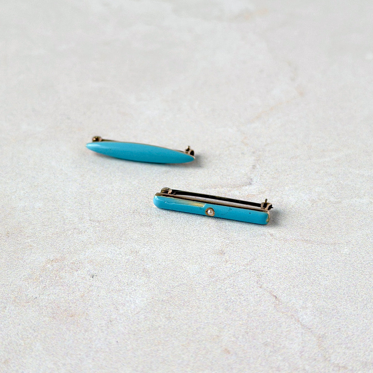 Estate Blue Enamel 14K Gold Baby Bar Pin, Estate Blue Enamel Seed Pearl 14K Gold Baby Bar Pin
