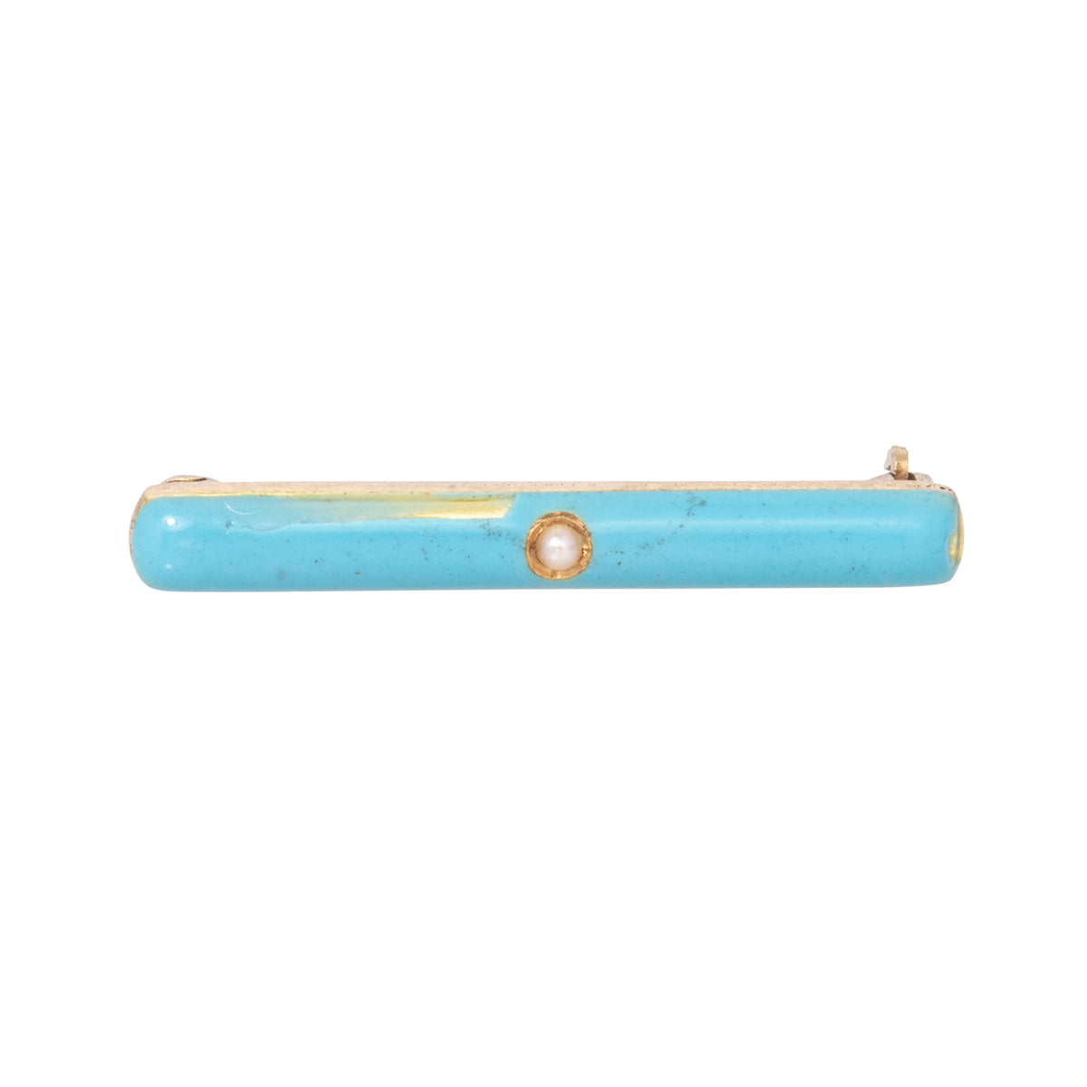 Estate Blue Enamel Seed Pearl 14K Gold Baby Bar Pin