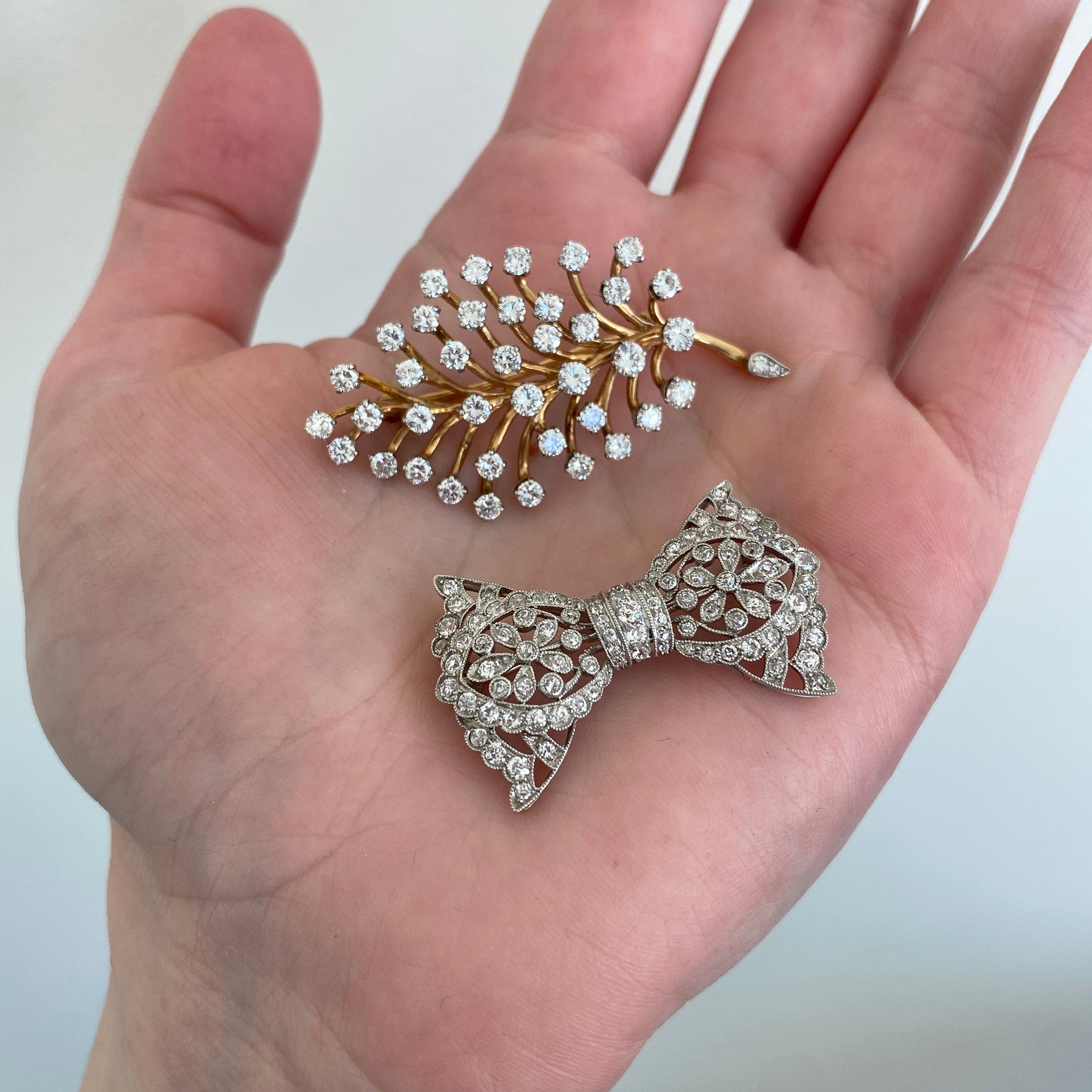 Vintage 2ctw Diamond 14K Gold Platinum Leaf Brooch, Edwardian-Style 1ctw Diamond Platinum Bow Brooch
