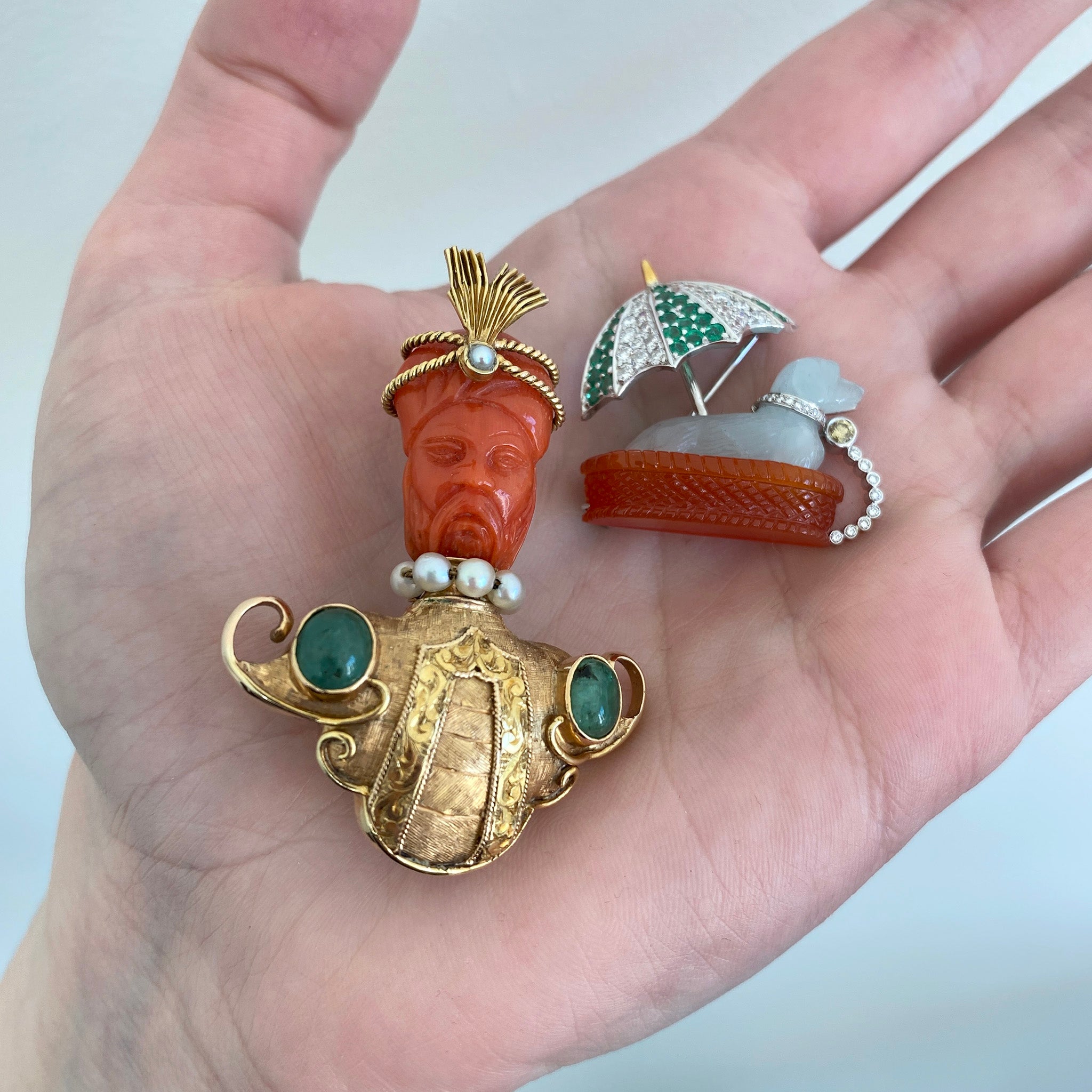 Estate Aquamarine, Chalcedony, Emerald & Diamond Dog Brooch