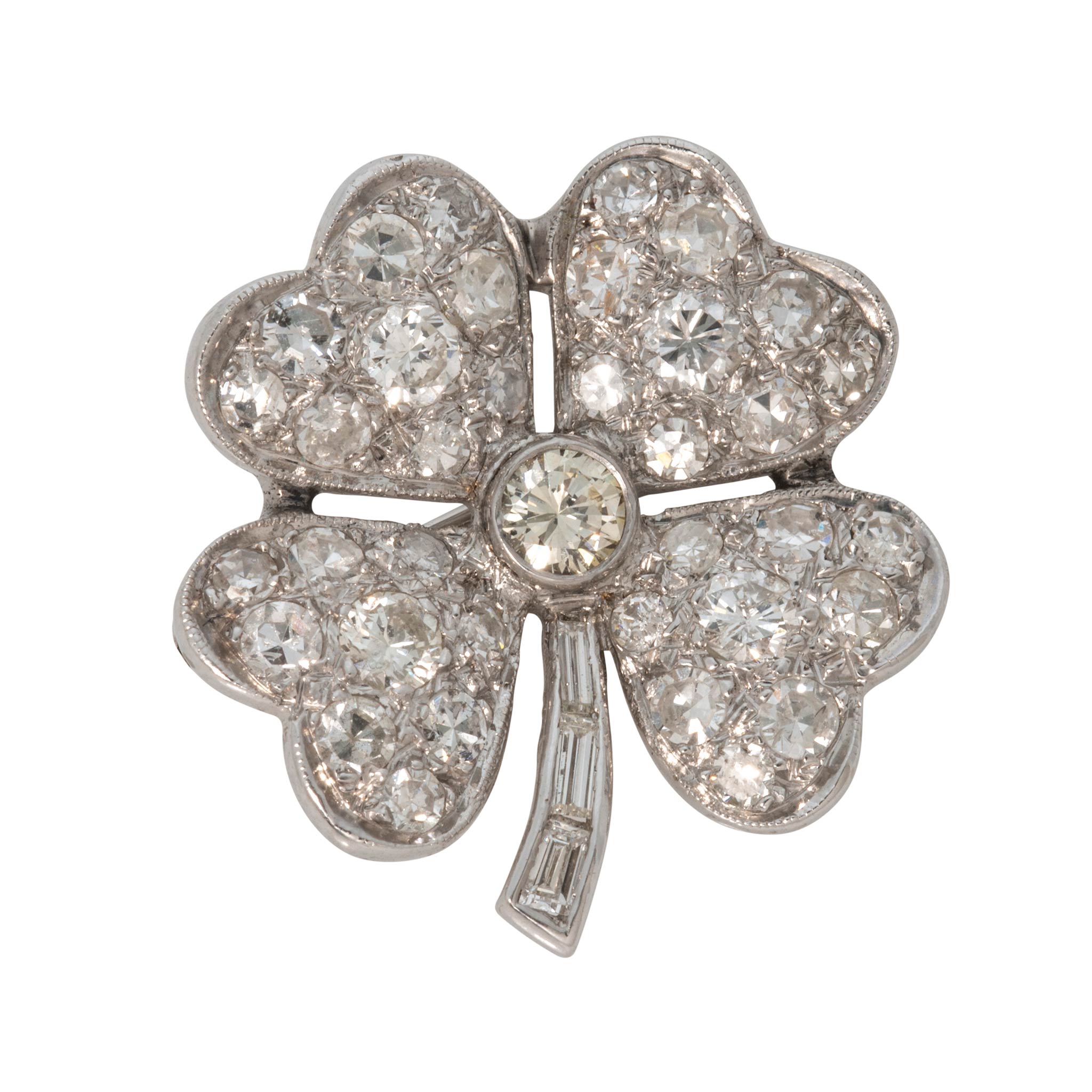 Vintage Diamond 14K White Gold Four Leaf Clover Brooch