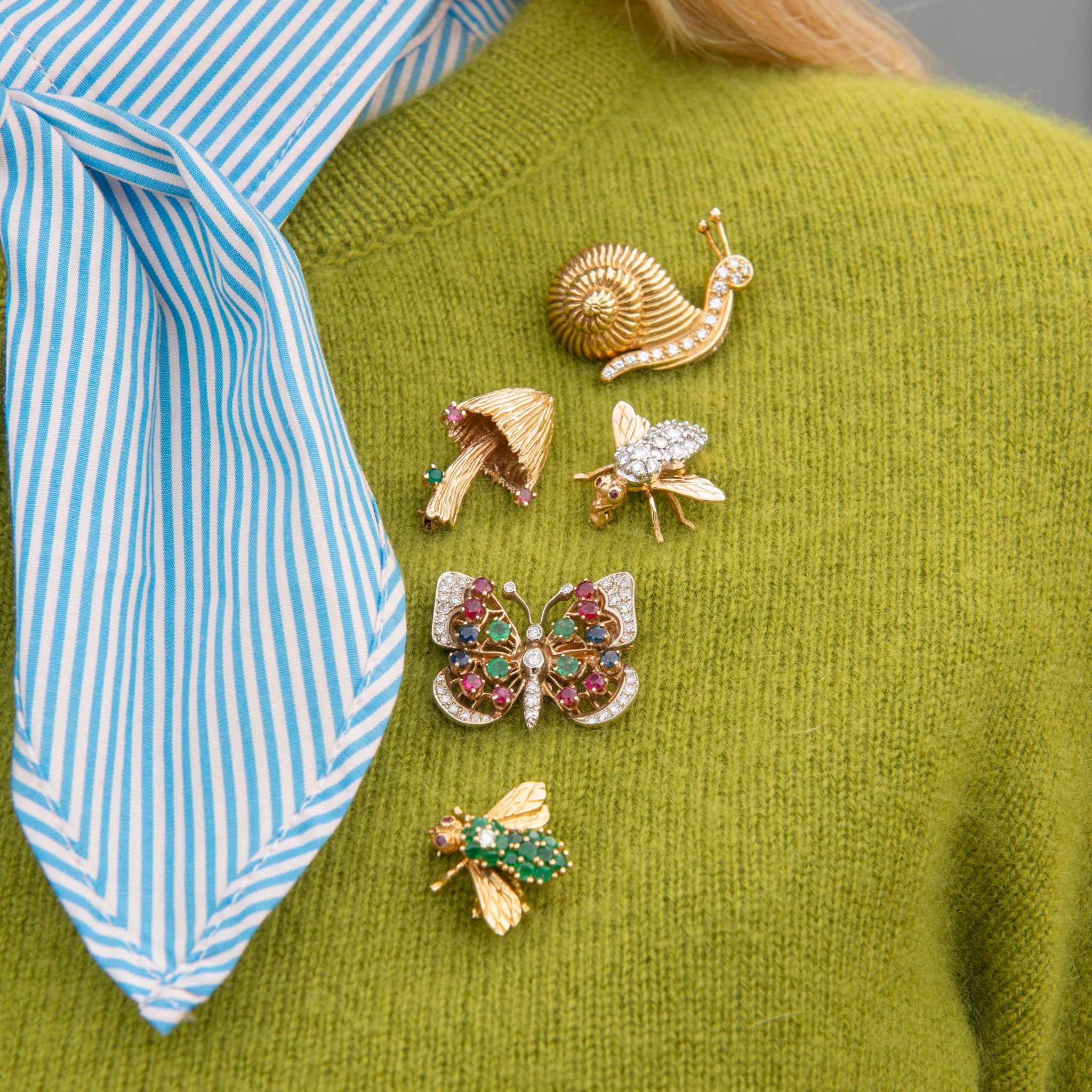 Vintage Diamond 18K Gold Snail Brooch, Emerald, Diamond & Ruby 18K Yellow Gold Bee Pin, Diamond & Multi Stone 10K Gold Butterfly Brooch