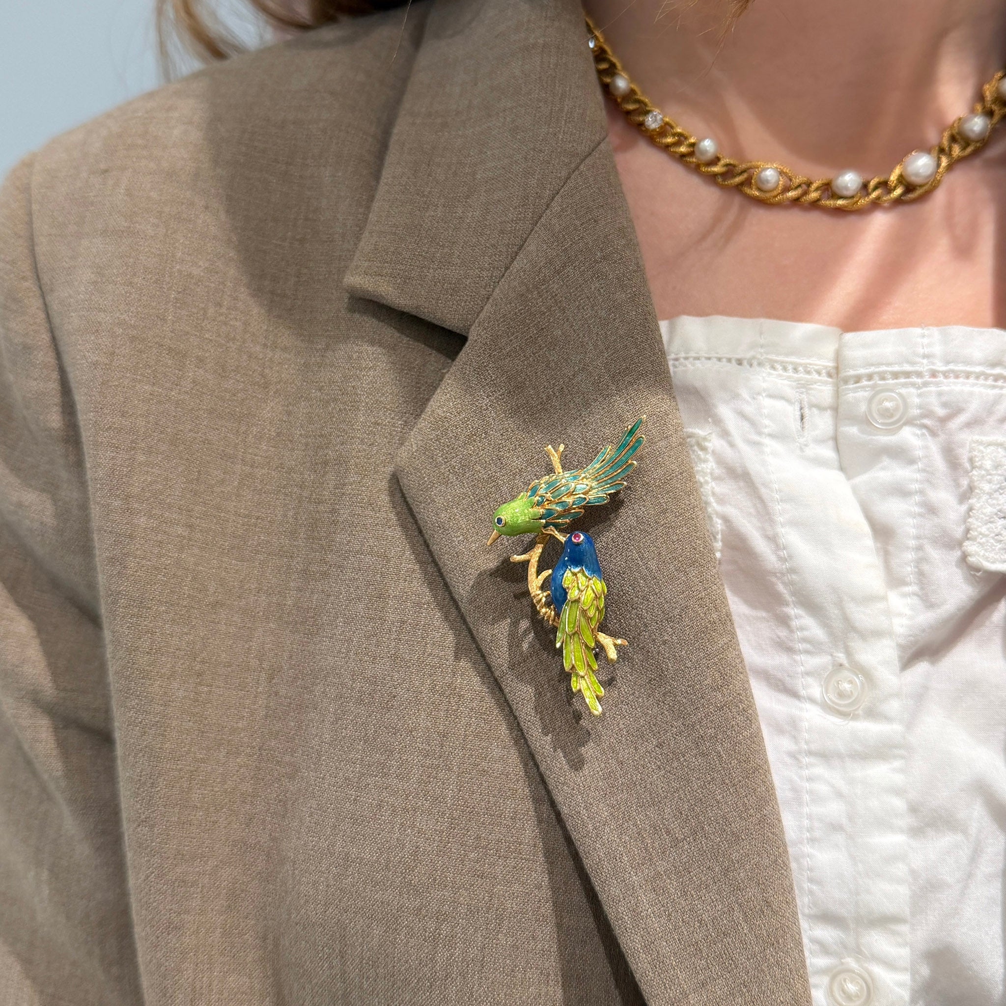 Vintage Colorful Enamel Birds On a Branch 14K Gold Brooch