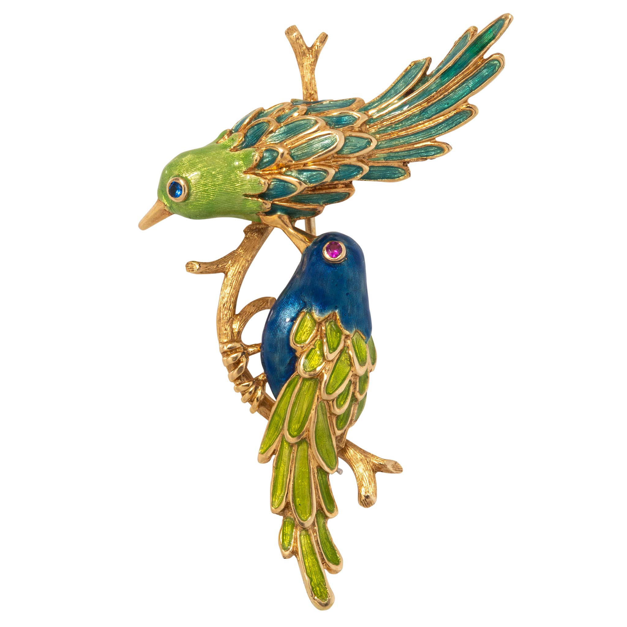 Vintage Colorful Enamel Birds On a Branch 14K Gold Brooch