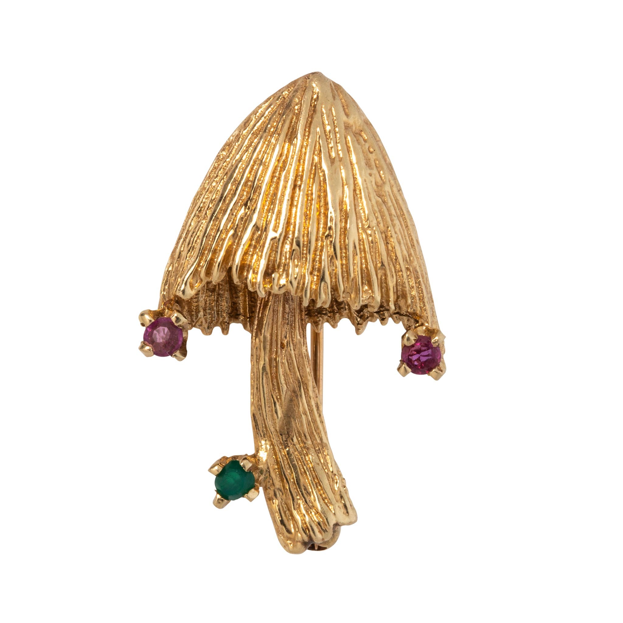 Vintage Ruby & Emerald 14K Yellow Gold Mushroom Brooch