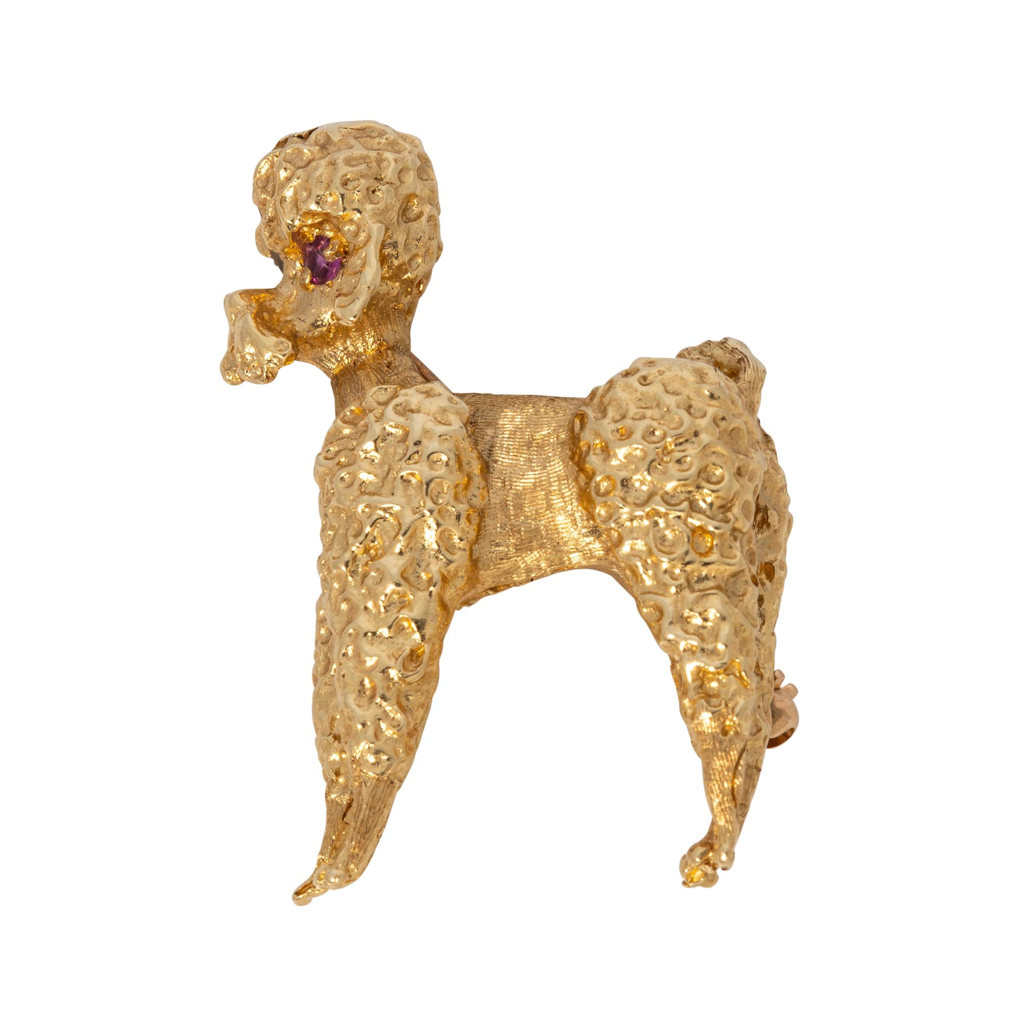 Vintage Red Stone Eye 14K Gold Fancy Poodle Brooch