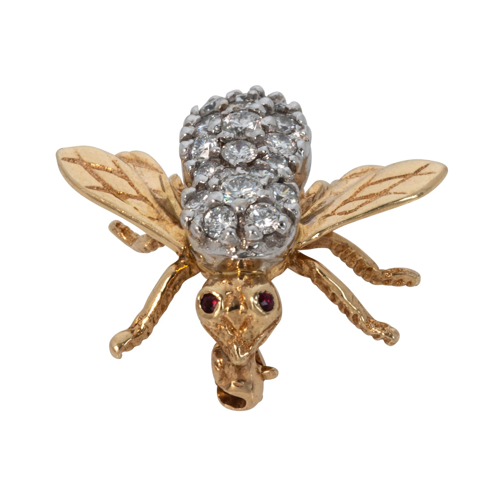Vintage Diamond & Red Stone 14K Gold Bee Pin