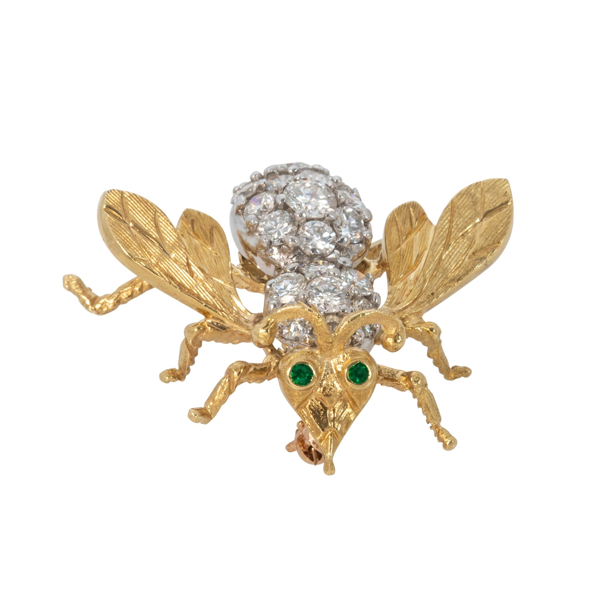 Vintage Diamond & Emerald 18K Gold Bee Pin
