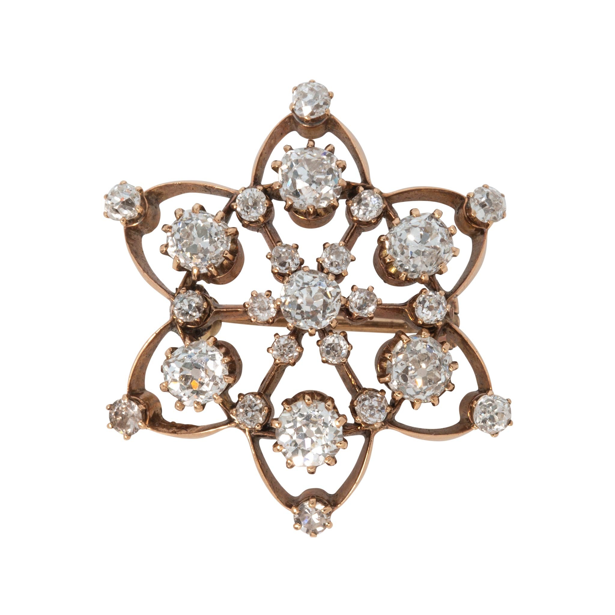 Victorian Style Old Mine Cut Diamond 14K Gold Star Pin