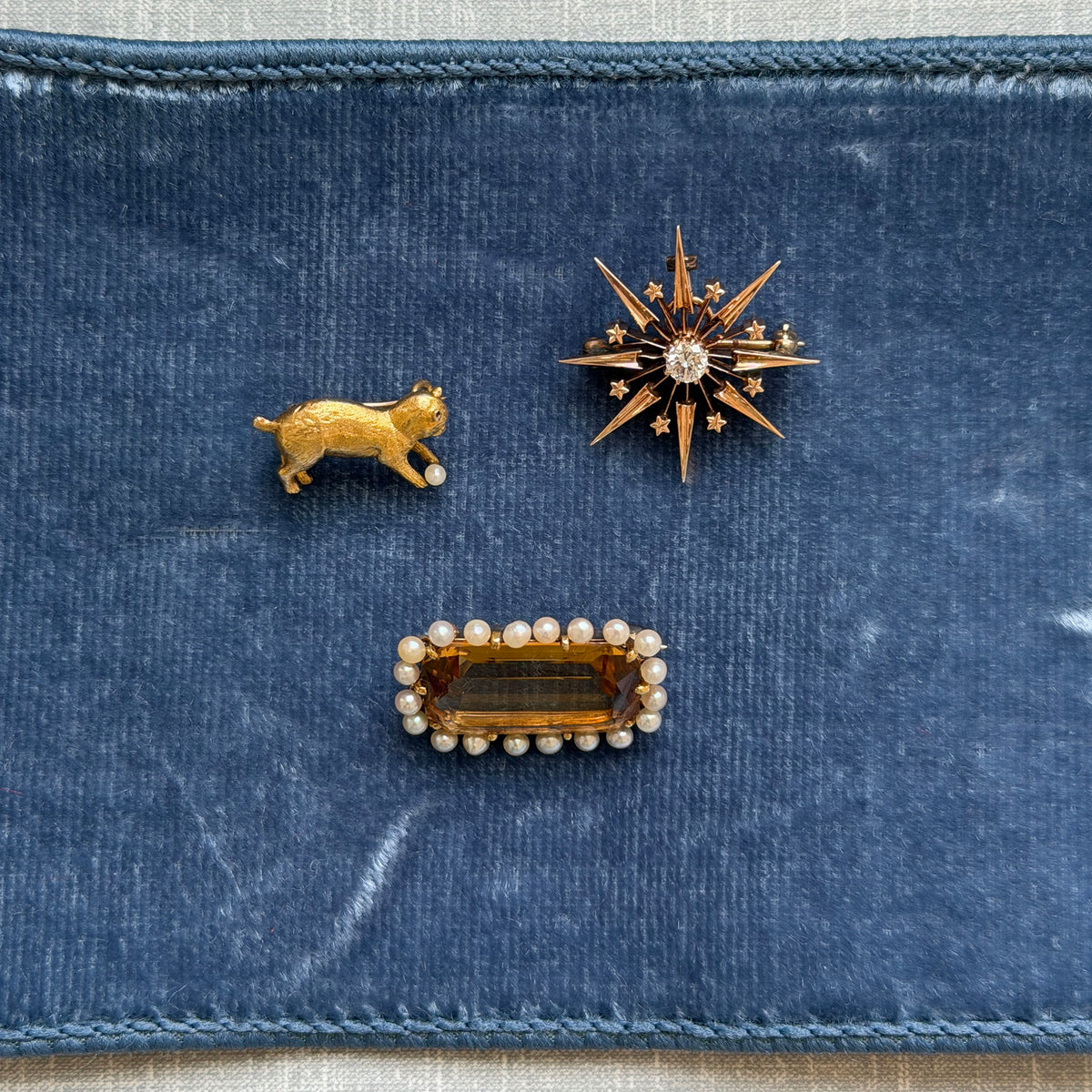 Victorian Style Pearl 18K Gold Cat Pin, Victorian Style Citrine & Seed Pearl 14K Gold Brooch, Victorian Style Diamond 14K Gold Starburst Pin/Pendant