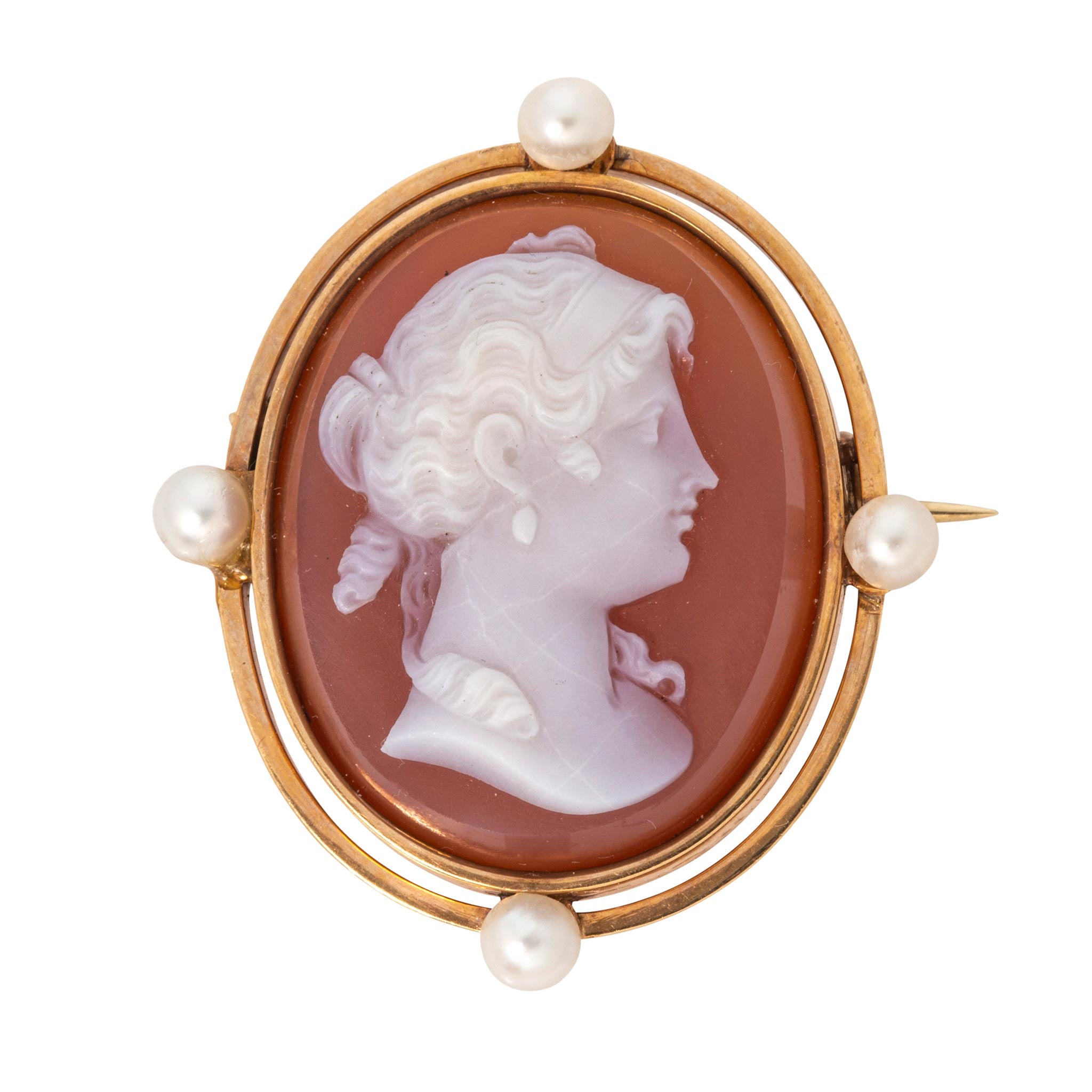 Victorian-Style Cameo & Pearl 18K Gold Brooch
