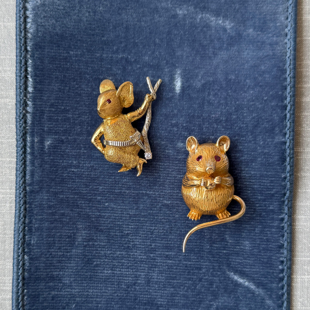 Vintage Diamond & Ruby 18K Gold Mouse Brooch, Vintage Ruby 14K Yellow Gold Mouse Brooch