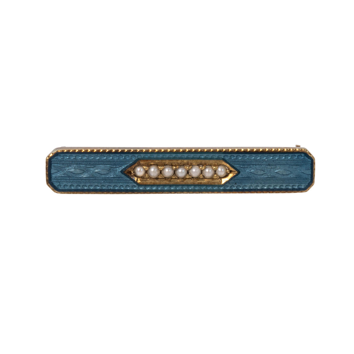 Estate Blue Guilloché Enamel Seed Pearl 14K Gold Baby Bar Pin