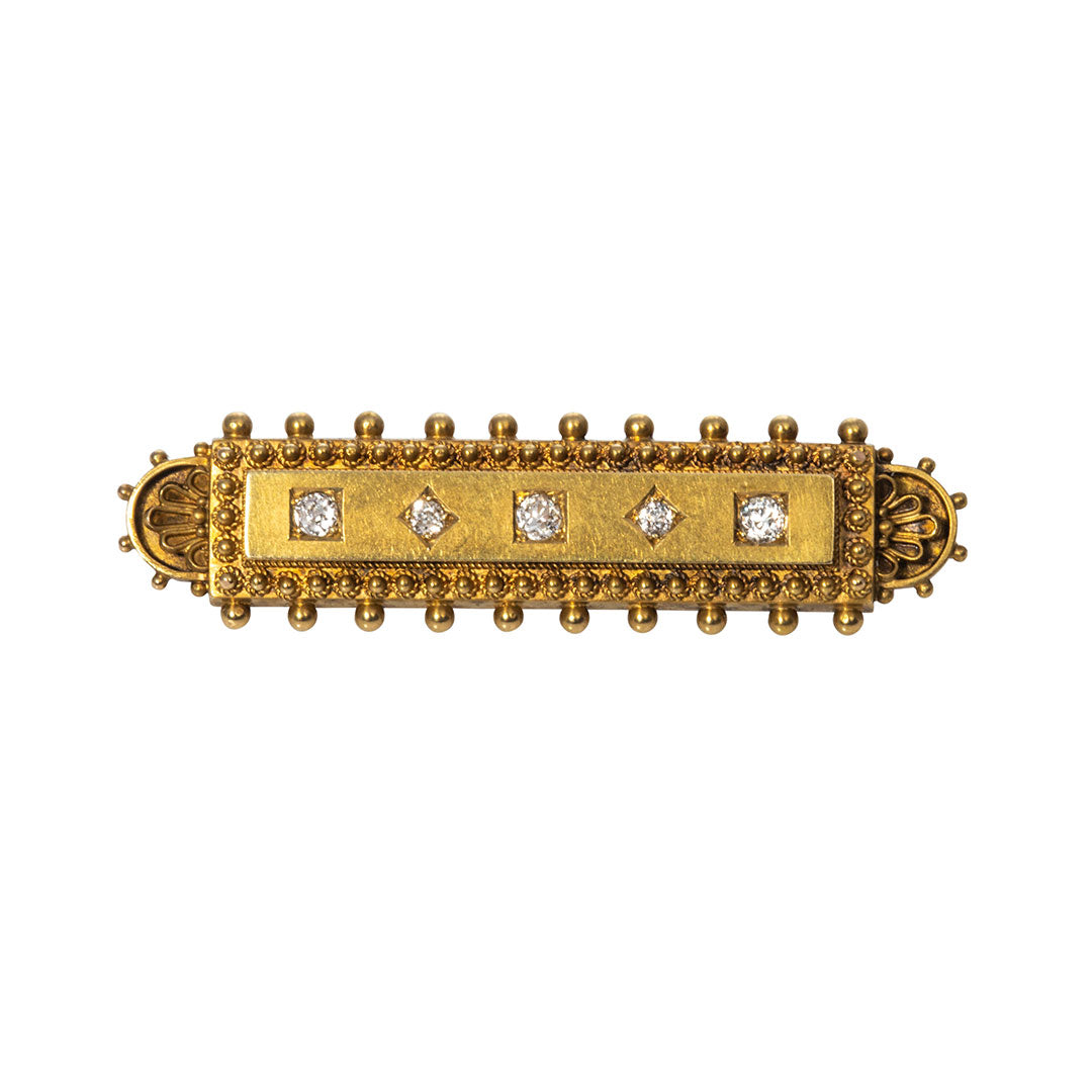 Victorian Etruscan Revival Diamond 15K Gold Bar Pin