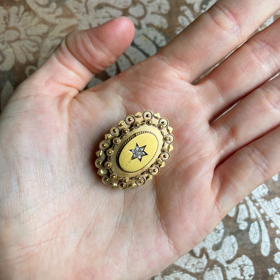 Victorian Etruscan Revival Diamond 15K Gold Oval Brooch