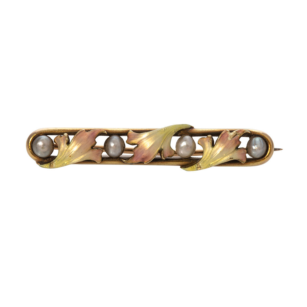Art Nouveau Pearl & Enamel Leaf 14K Gold Bar Pin