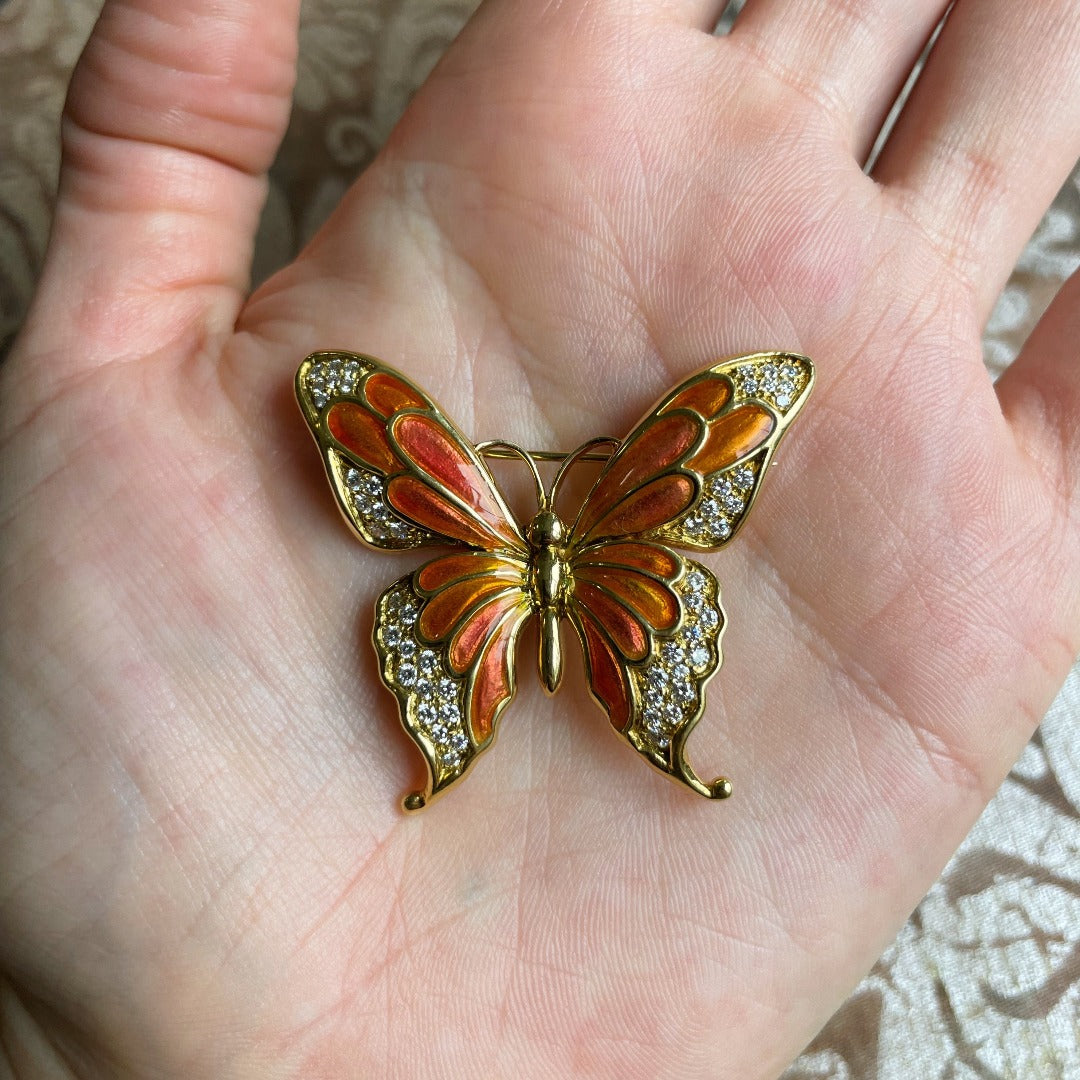 Estate Diamond & Enamel 18K Yellow Gold Butterfly Pin