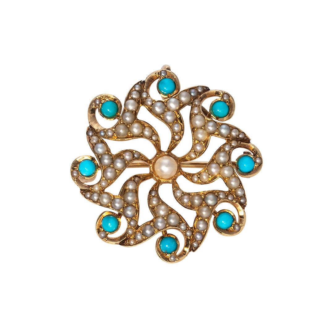 Victorian Pearl & Turquoise 14K Gold Swirl Pin