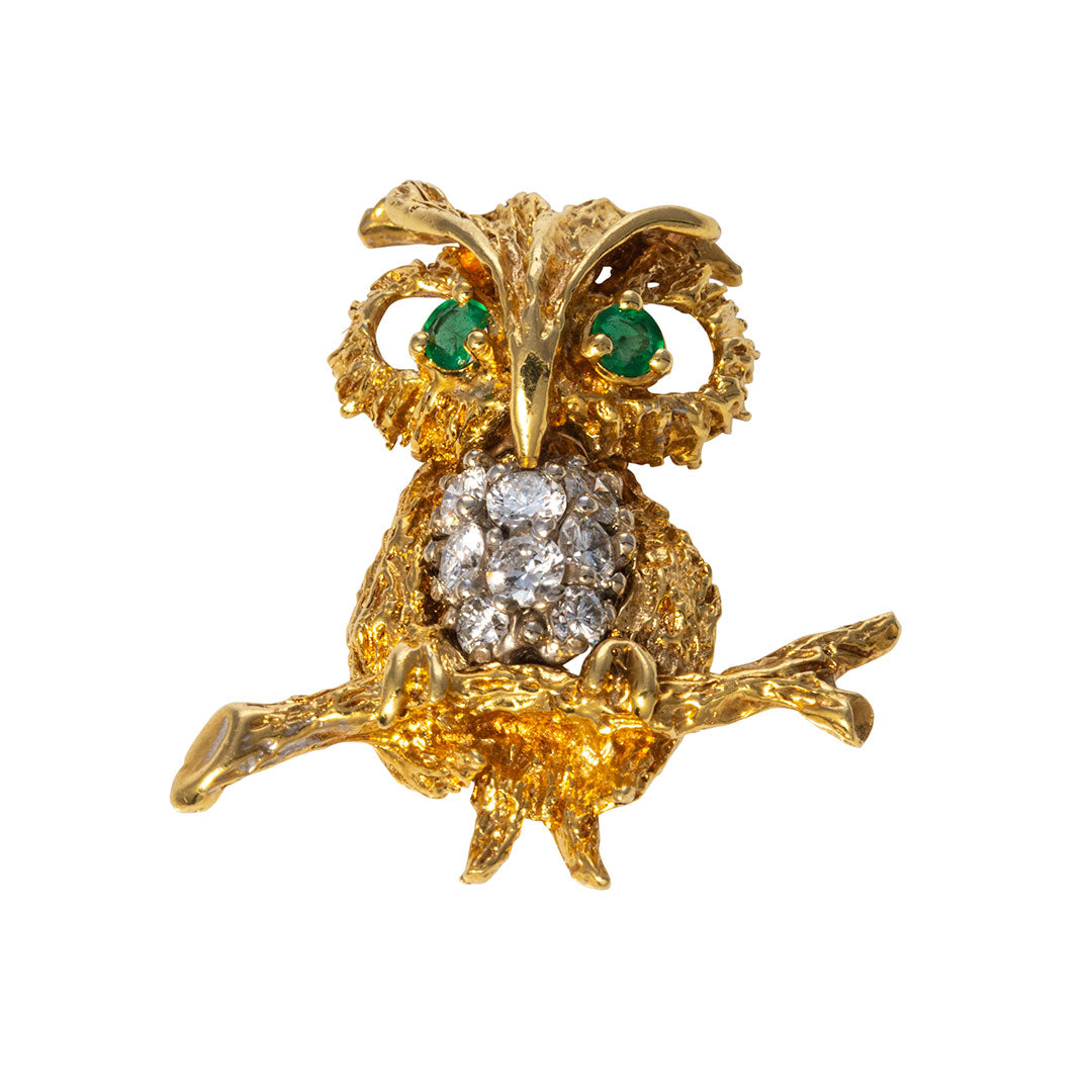 Estate Diamond & Emerald 18K Yellow Gold Owl Brooch