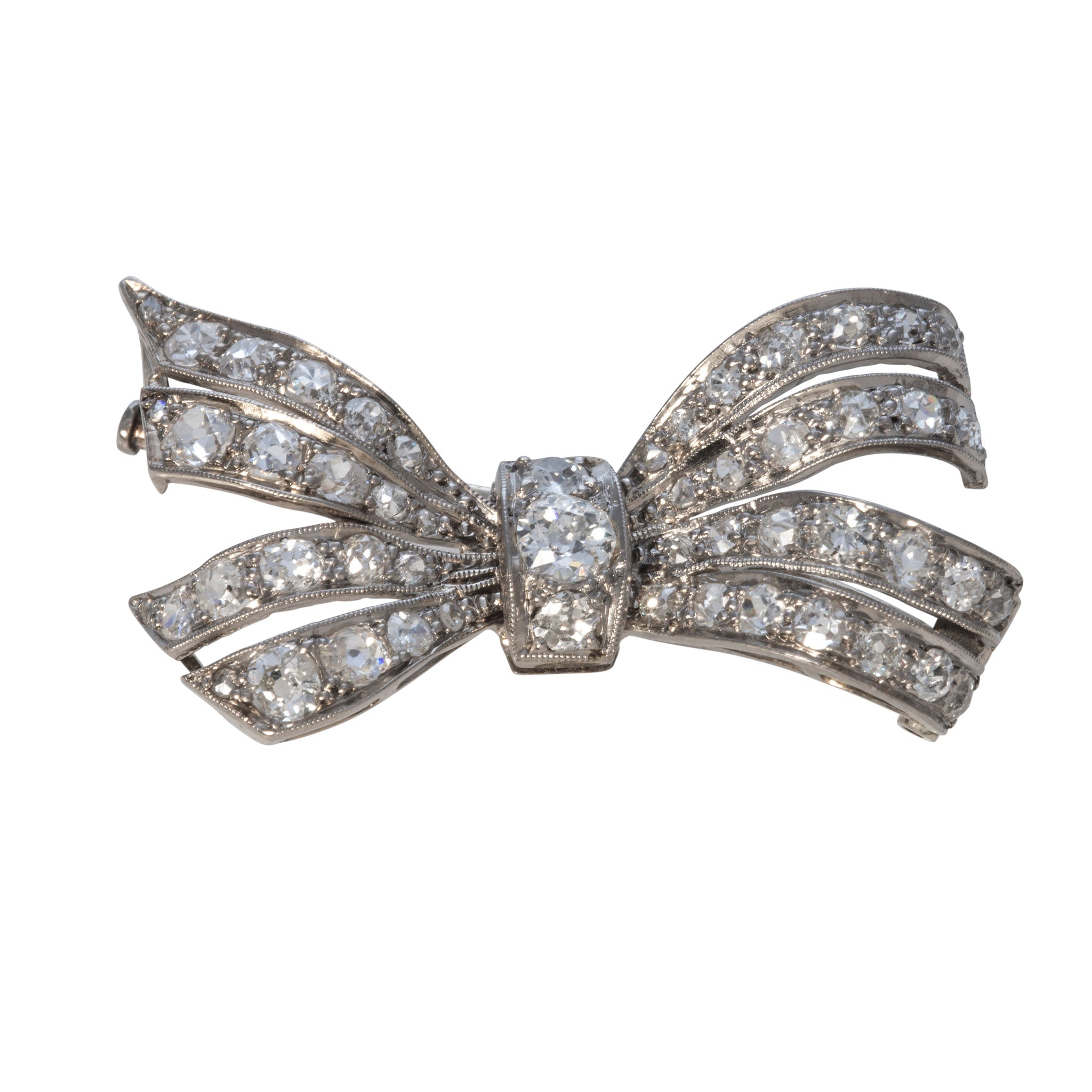 Art Deco Old Mine Diamond 14K Gold Bow Brooch