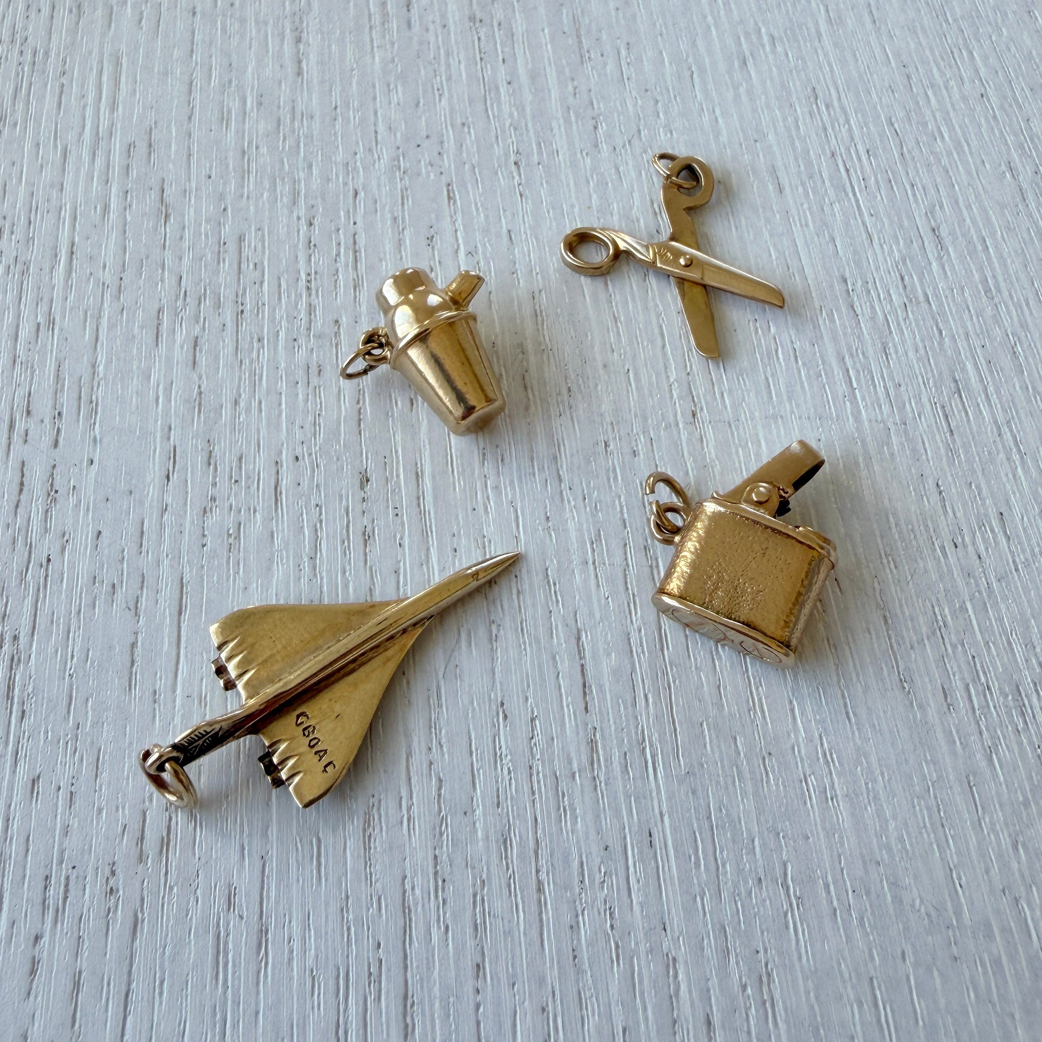 Vintage 14K Gold Scissors Charm, Vintage 14K Gold Cocktail Shaker Charm, Vintage 14K Gold Lighter Charm, Vintage 9K Gold Concorde Jet Charm