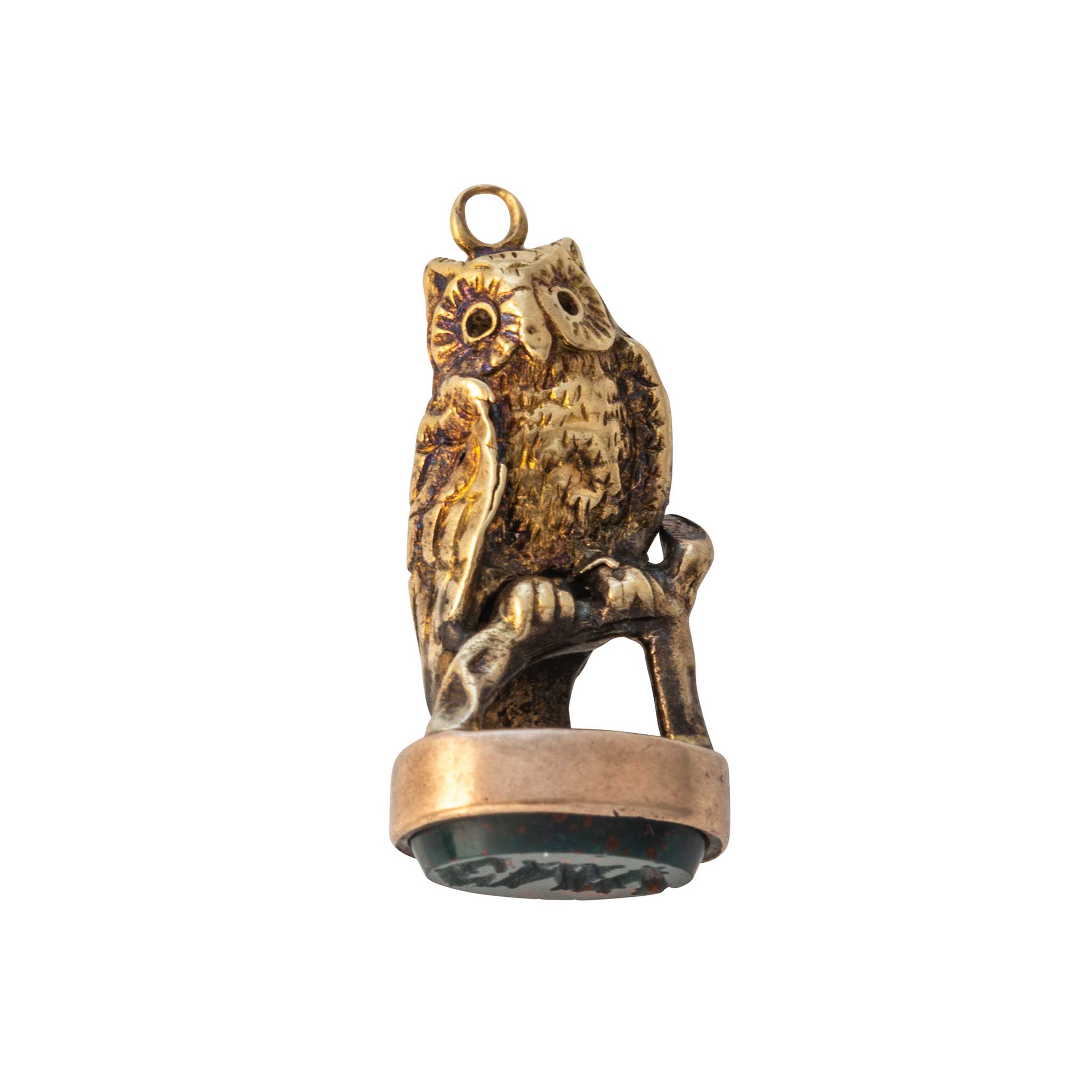 Victorian Bloodstone Intaglio Seal 18K Gold Owl Fob Charm