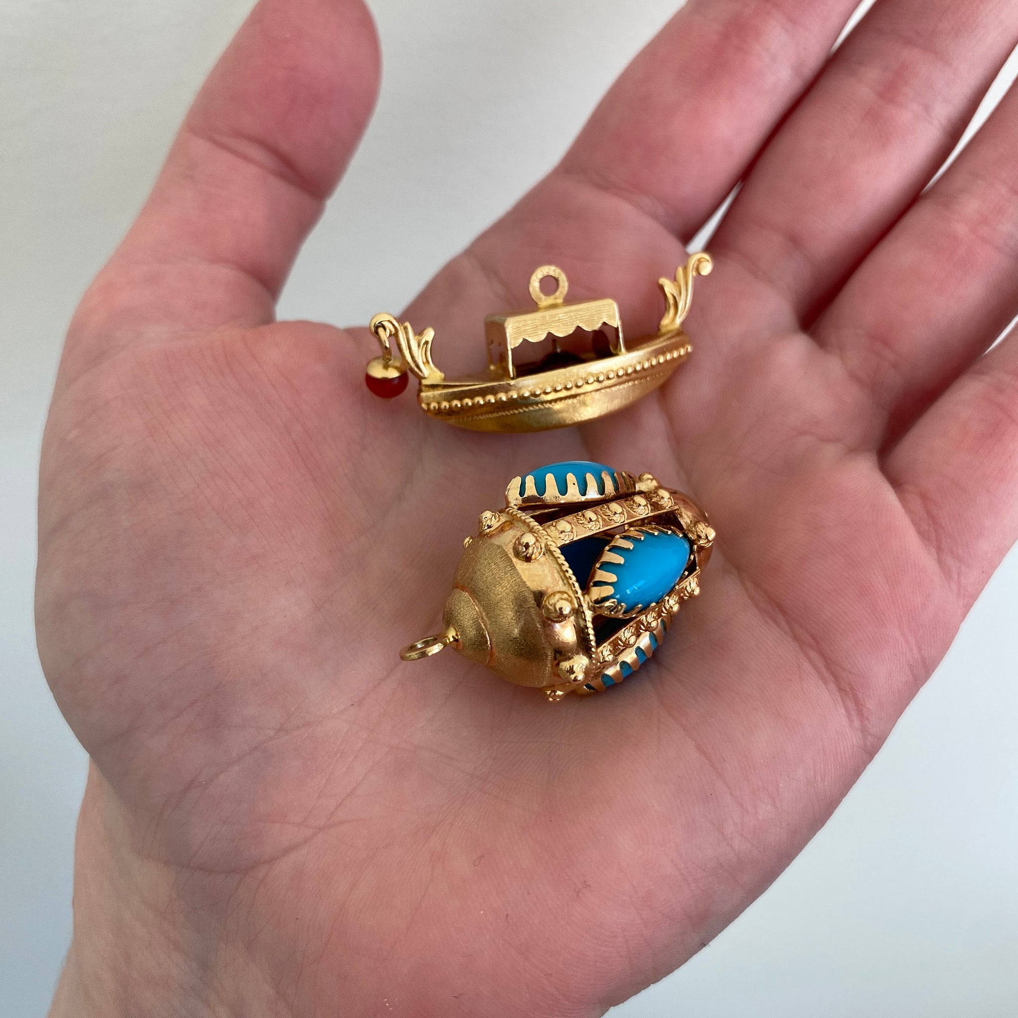 Vintage Coral 18K Gold Gondola Charm, Vintage Etruscan-Revival Turquoise 18K Gold Fob Pendant