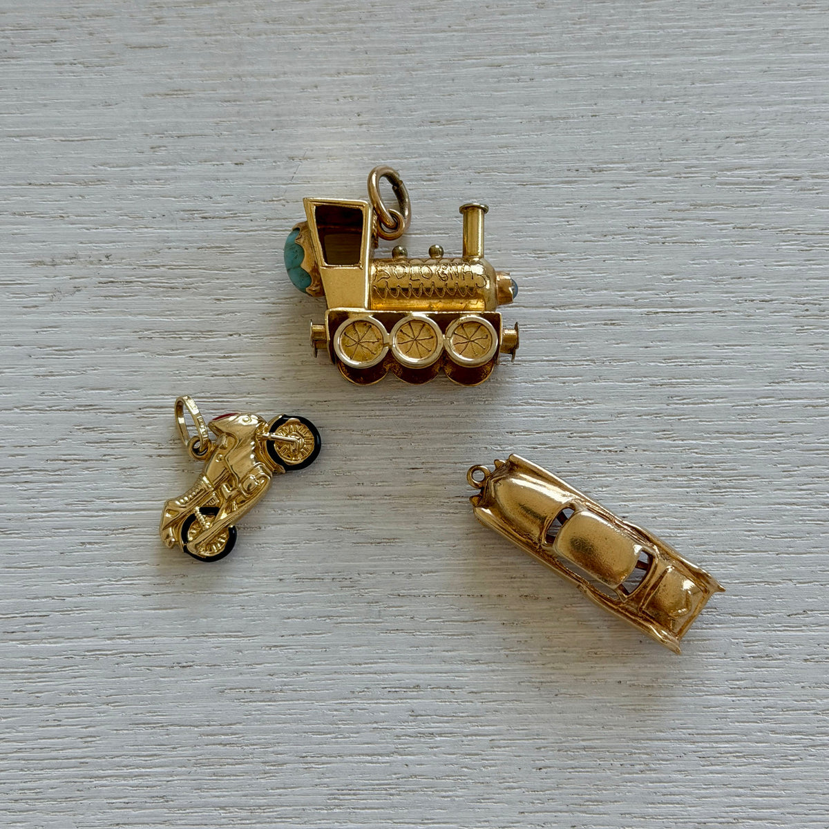 Vintage 18K Gold Multi-Stone Italian Locomotive Charm, Vintage 18K Gold Car Charm, Vintage 14K Gold Motorcycle Charm