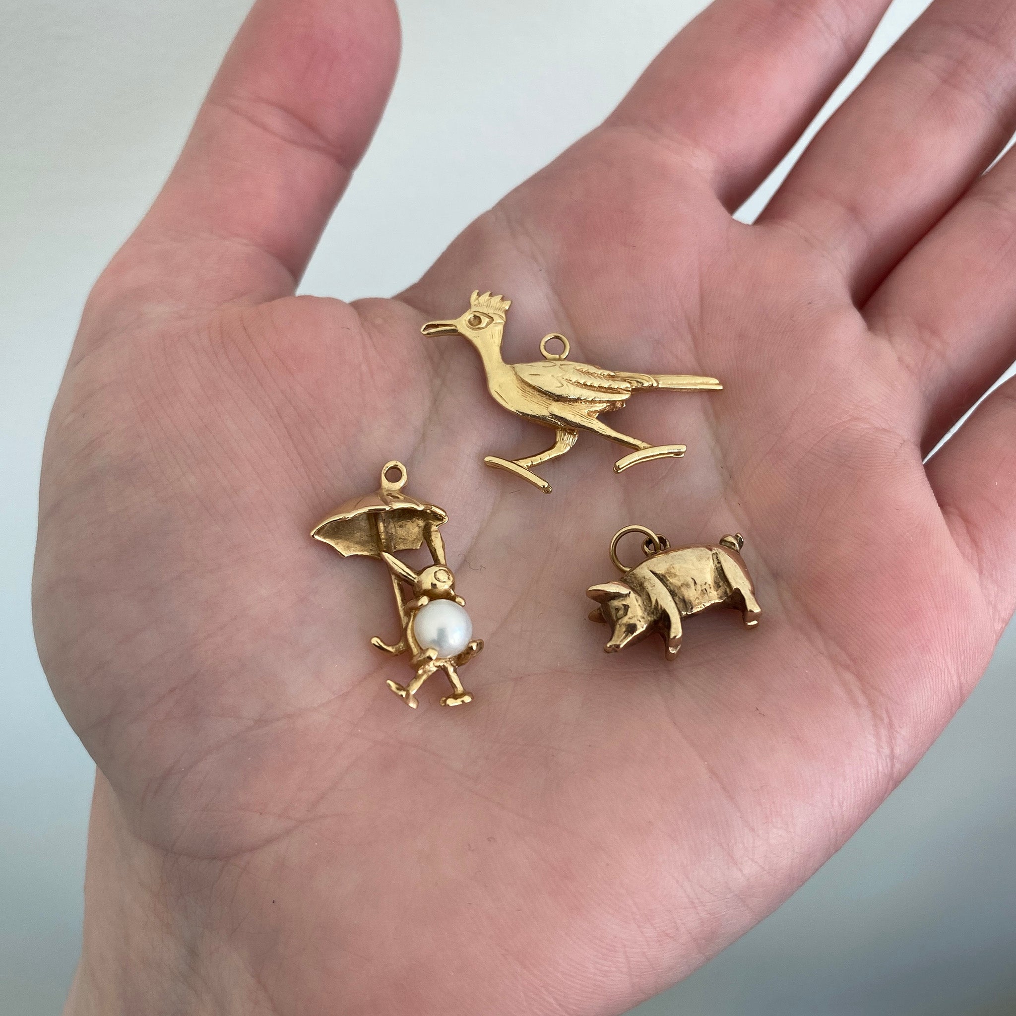 Vintage 14K Gold Roadrunner Charm, Vintage Pearl 14K Gold Duckling Charm,  Vintage 10K Gold Pig Charm