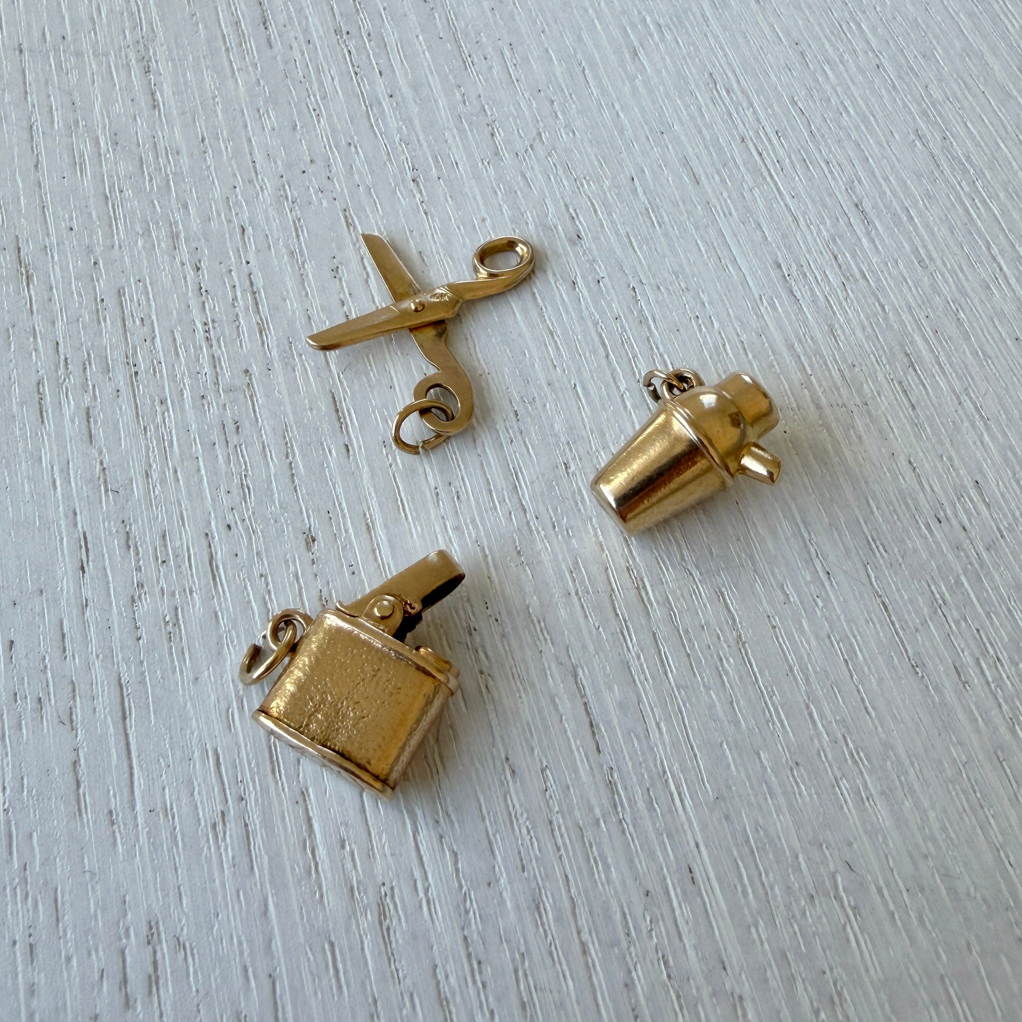 Vintage 14K Gold Scissors Charm, Vintage 14K Gold Cocktail Shaker Charm, Vintage 14K Gold Lighter Charm