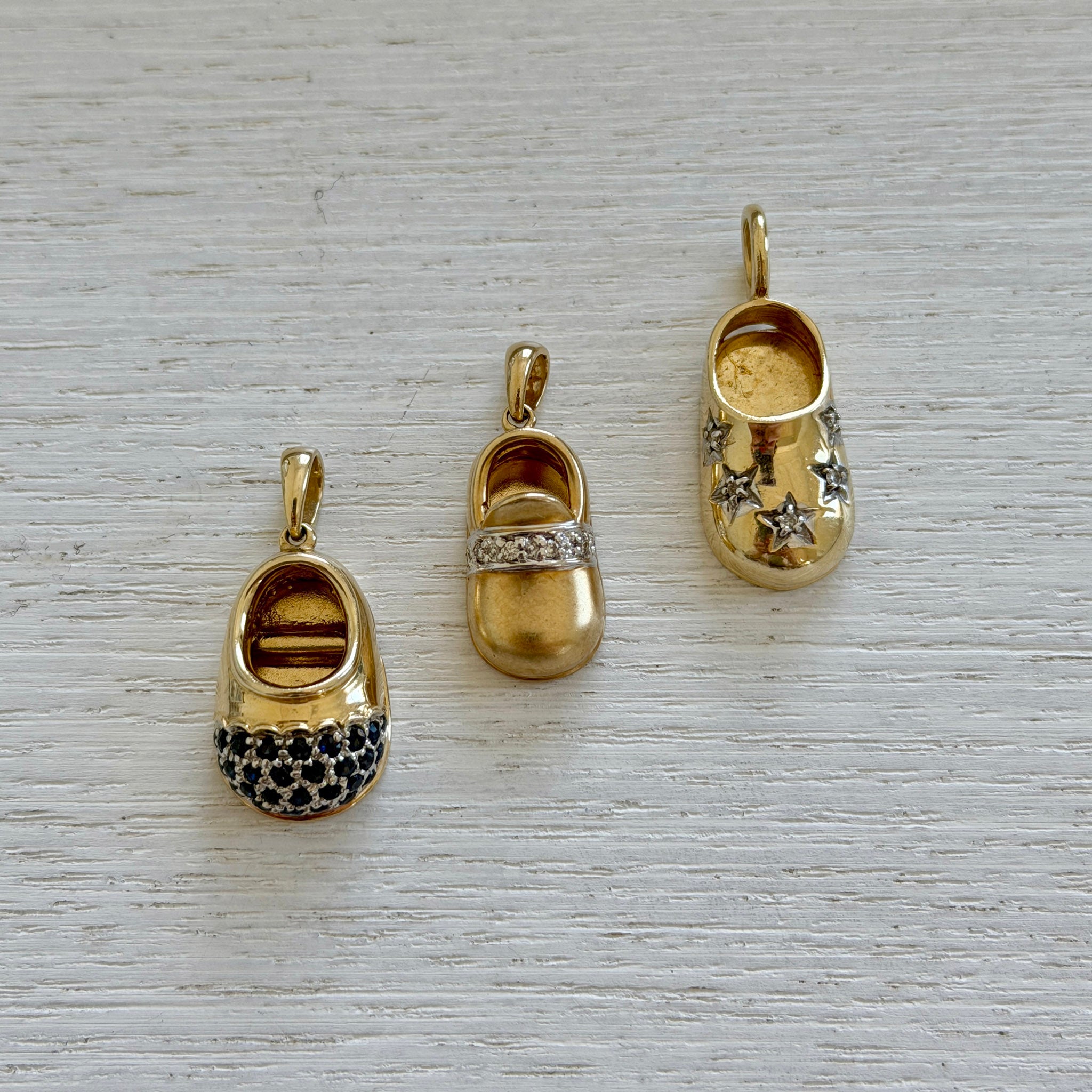 Vintage Sapphire Pavé 14K Gold Baby Shoe Charm, Vintage Diamond 14K Gold Baby Shoe Charm, Vintage Star Set Diamond 14K Gold Baby Shoe Charm