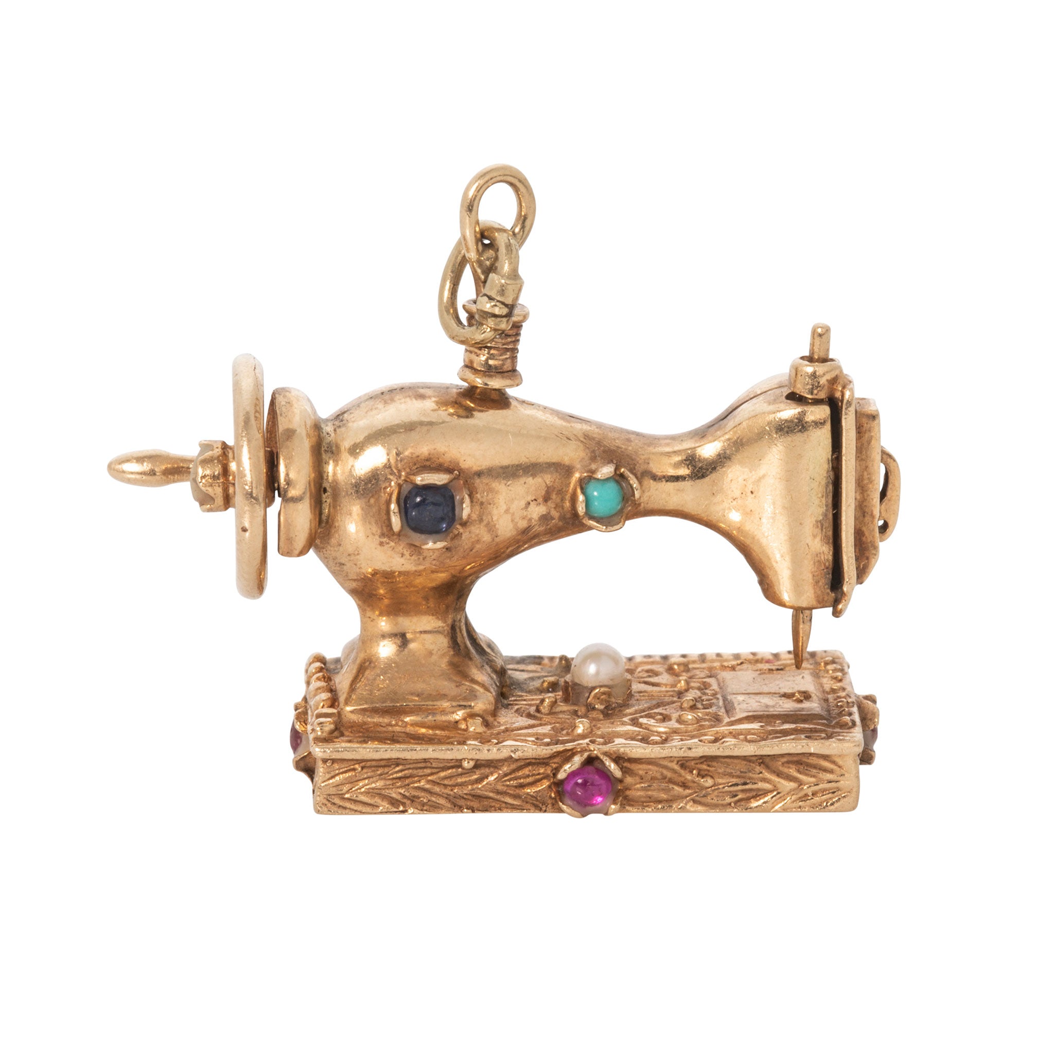 Vintage 14K Gold Multi-Stone Sewing Machine Charm
