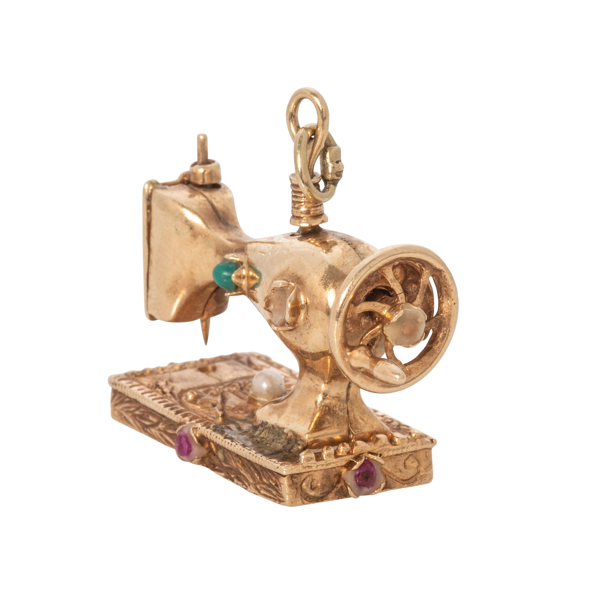 Vintage 14K Gold Multi-Stone Sewing Machine Charm