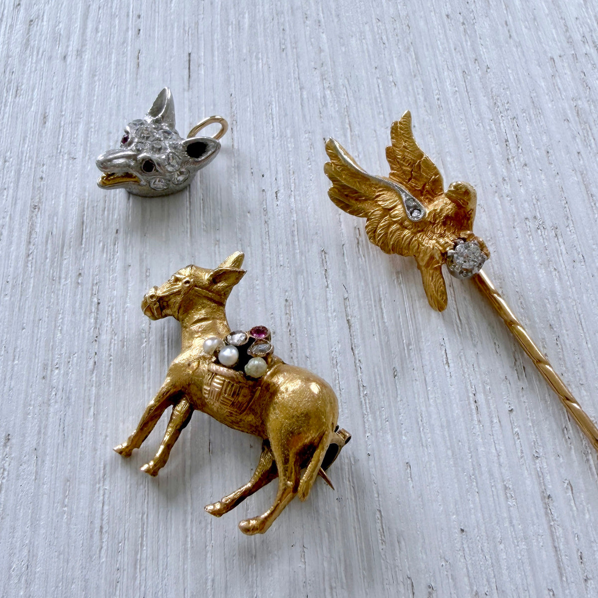 Victorian Style Diamond Platinum Fox Head Charm, Vintage Multi-Stone 18K Gold Donkey Pin, Art Nouveau Style Diamond 18K Gold Eagle Stickpin
