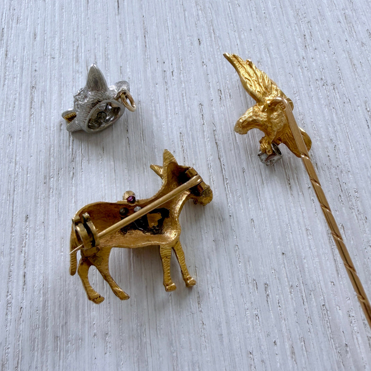 Victorian Style Diamond Platinum Fox Head Charm, Vintage Multi-Stone 18K Gold Donkey Pin, Art Nouveau Style Diamond 18K Gold Eagle Stickpin