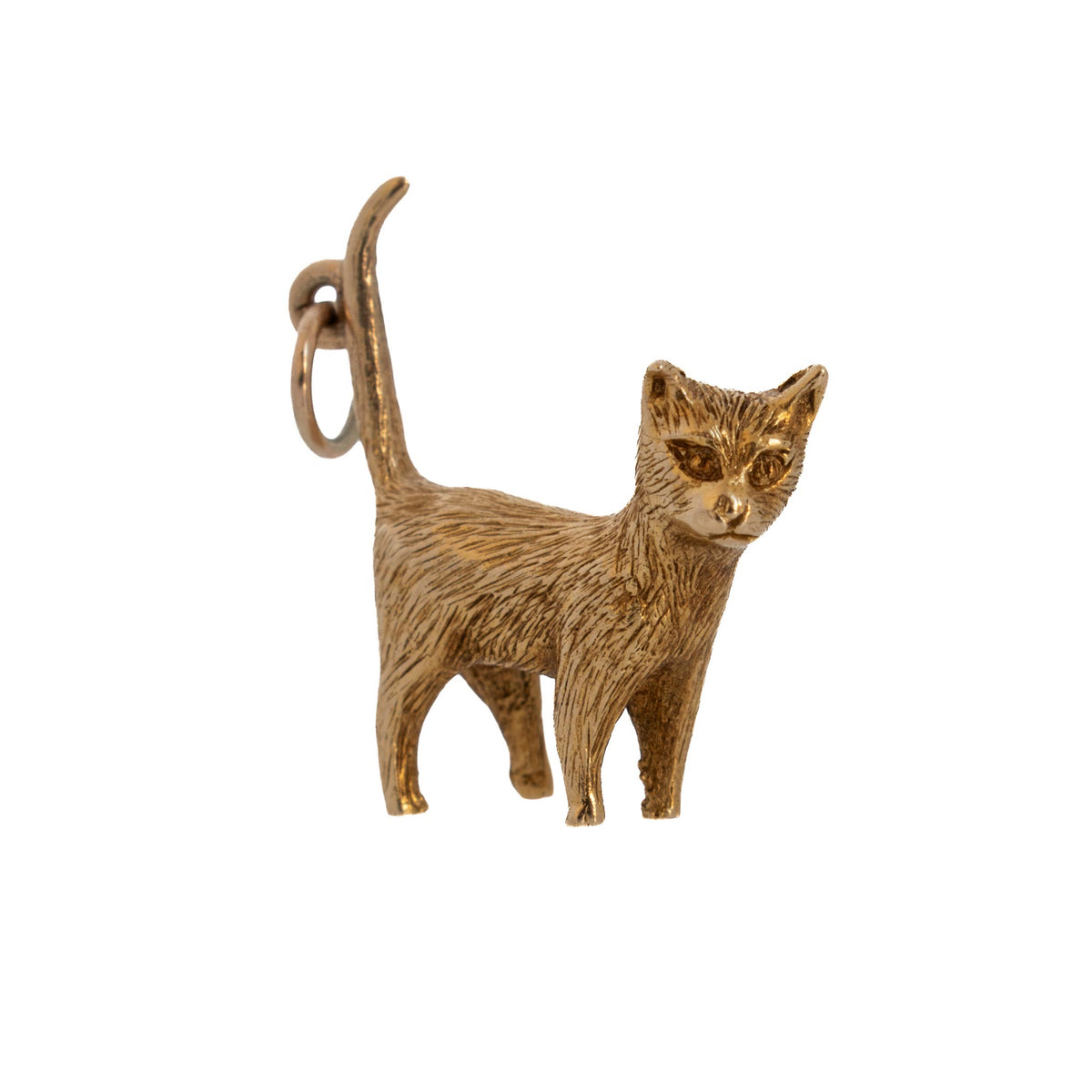 Vintage 9K yellow gold cat charm with textured fur, a detailed face, and an upright tail, shown at an angle.