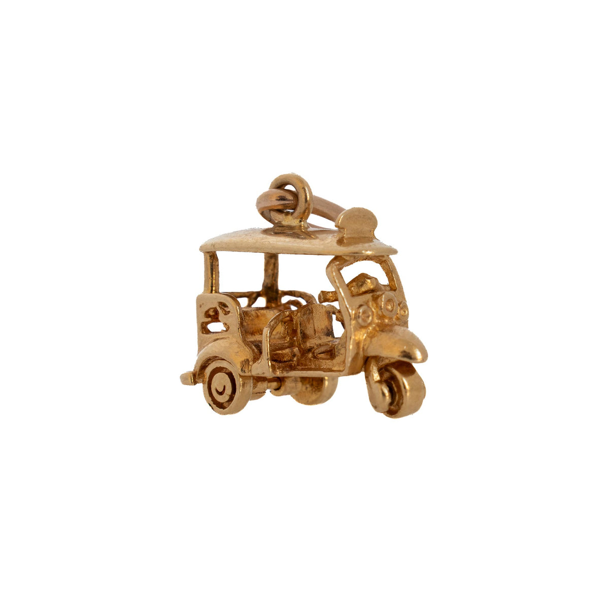 Vintage 9K yellow gold Thai tuk tuk charm shown at an angle, with a canopy roof, open seating, and detailed wheels.