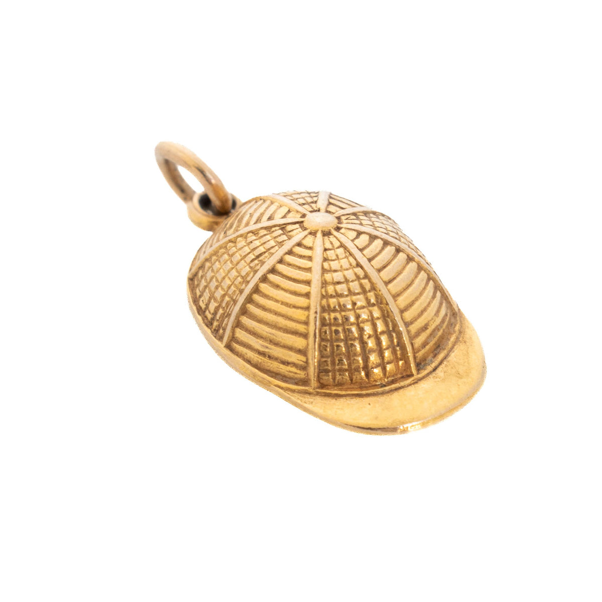 Vintage 9K yellow gold jockey cap charm with alternating striped and crosshatched panels and a curved brim.