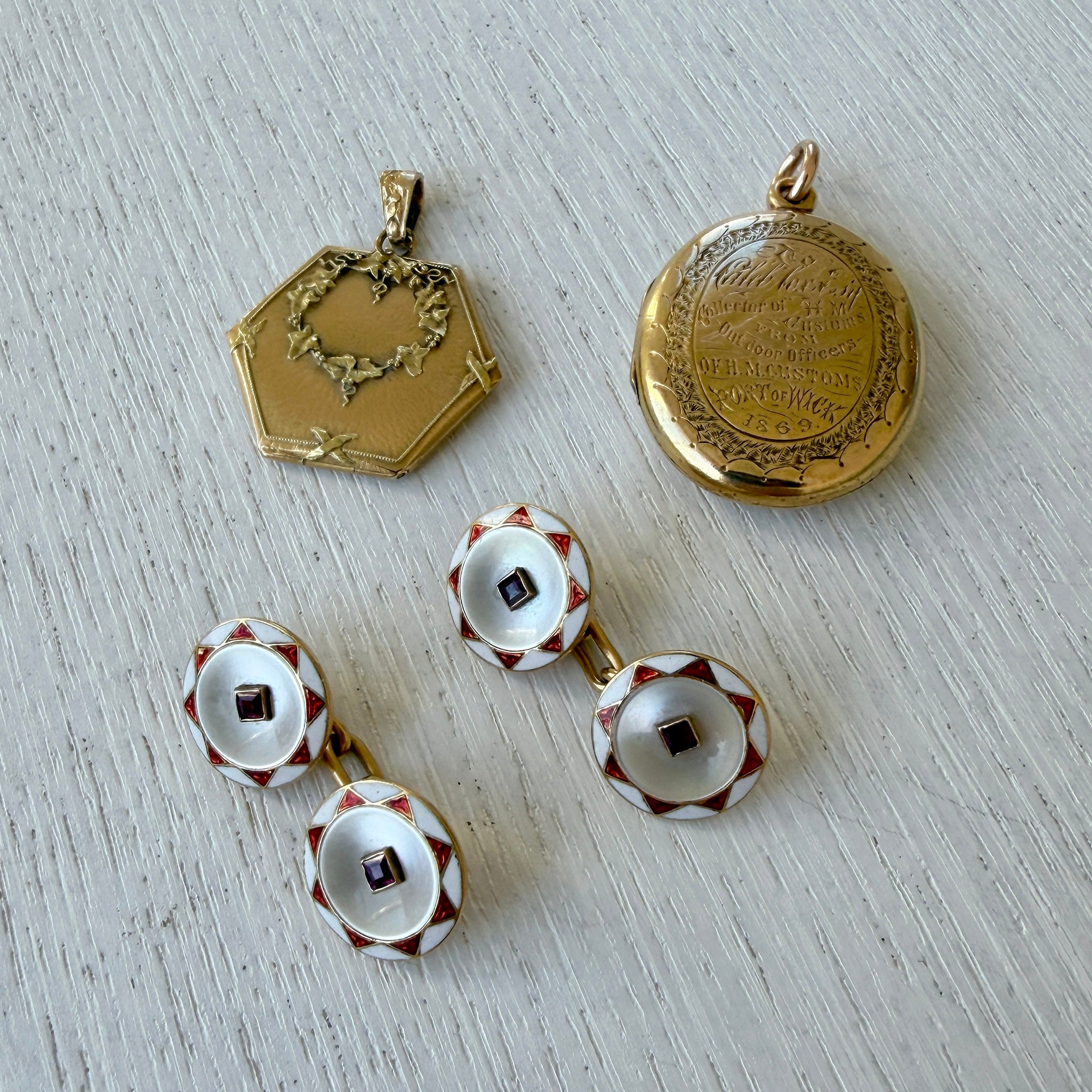 Victorian French 18K Gold Repoussé Locket Pendant, Art Deco Style Ruby, Mother of Pearl & Enamel 18K Gold Cufflinks