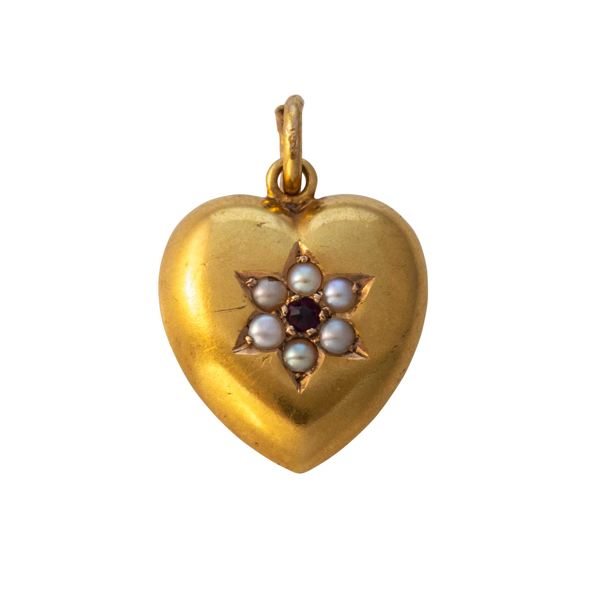 Vintage Red Crystal & Seed Pearl 18K Gold Heart Pendant