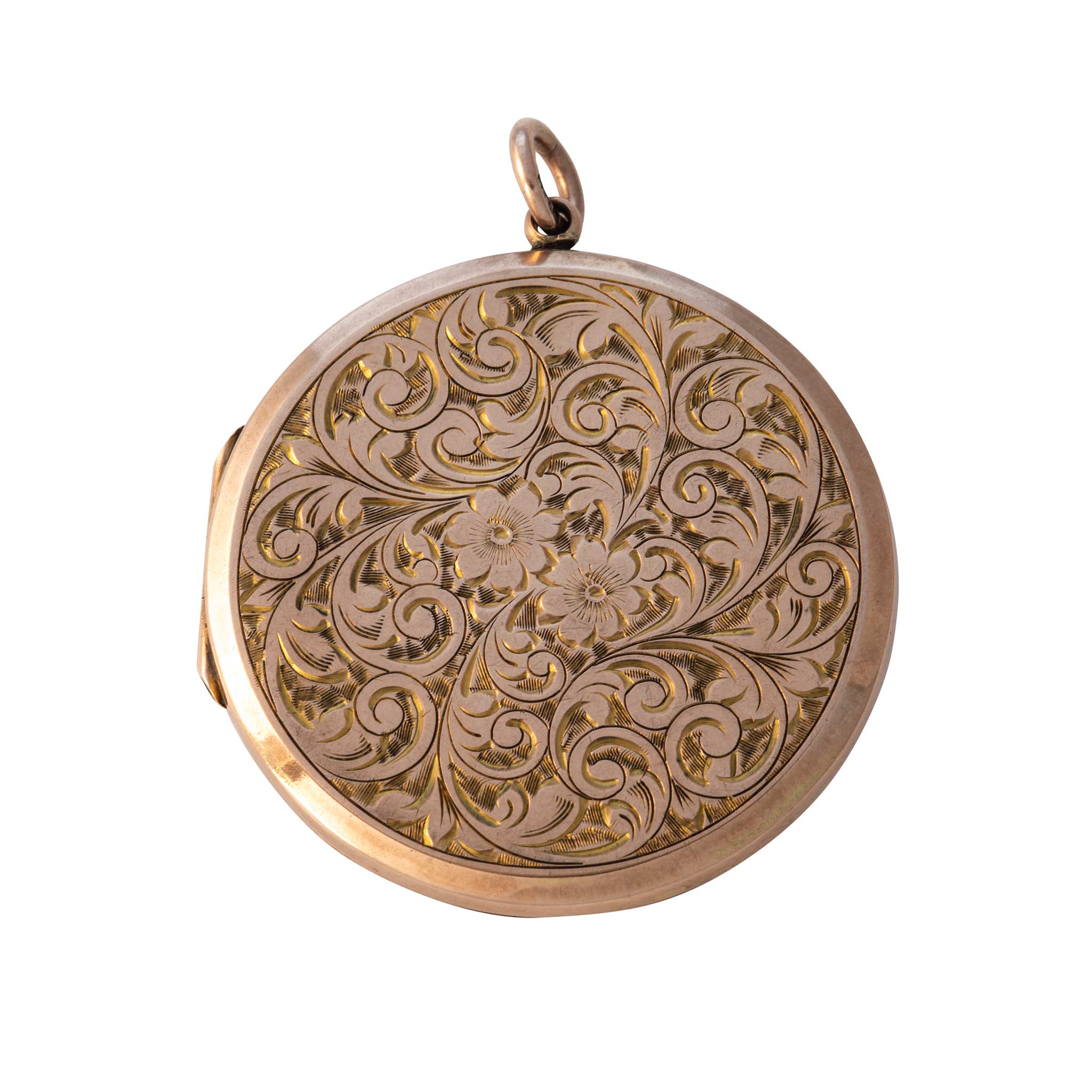 Edwardian 9K Gold Engraved Round Locket Pendant