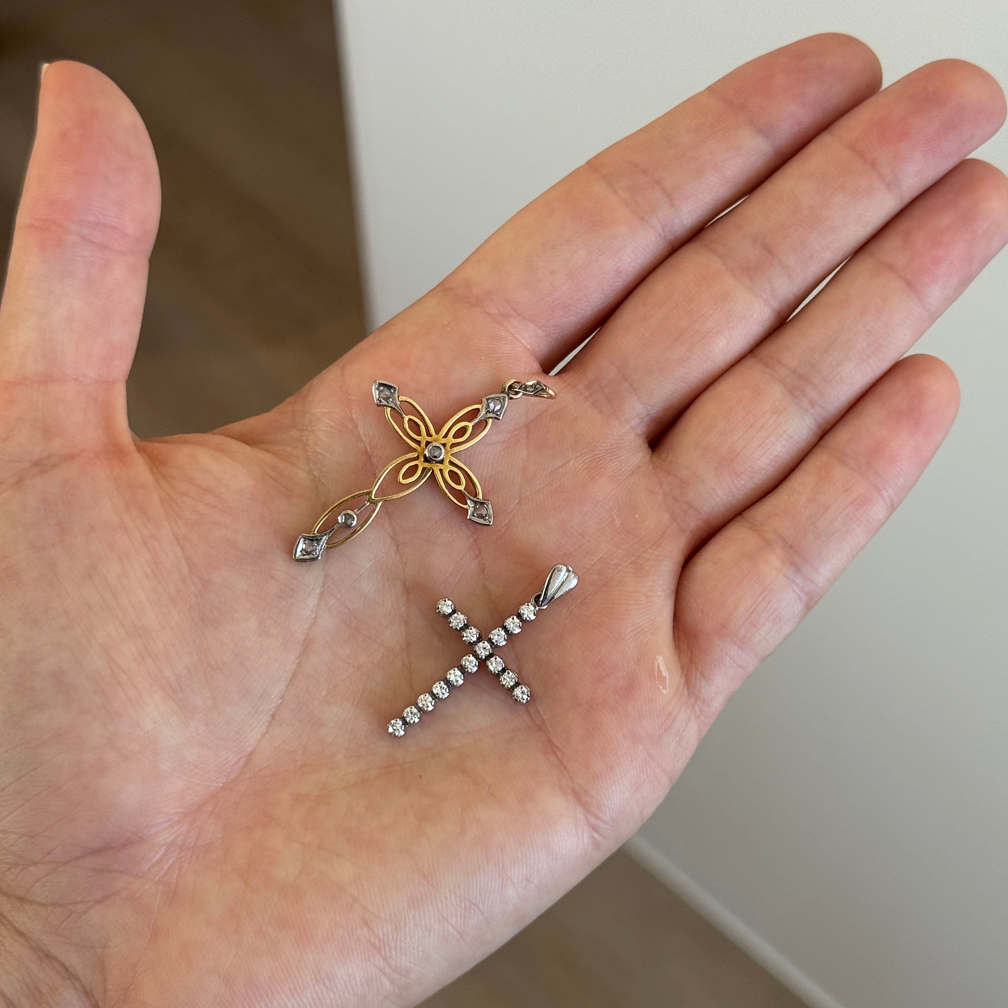 Victorian-Style Diamond 15K Gold Cross Pendant, Estate Diamond 18K White Gold Cross Pendant